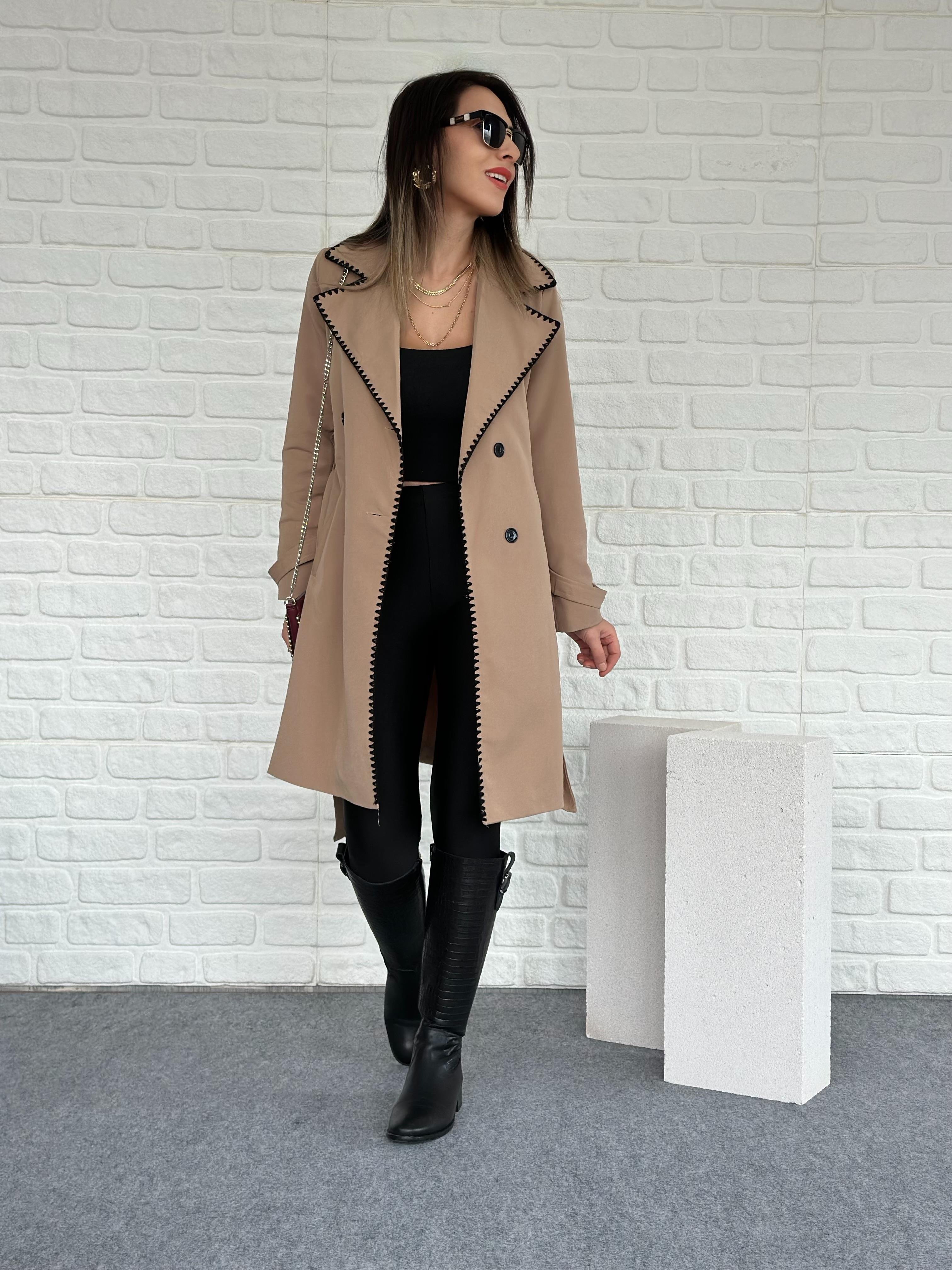 Dikişli Trench Coat Camel