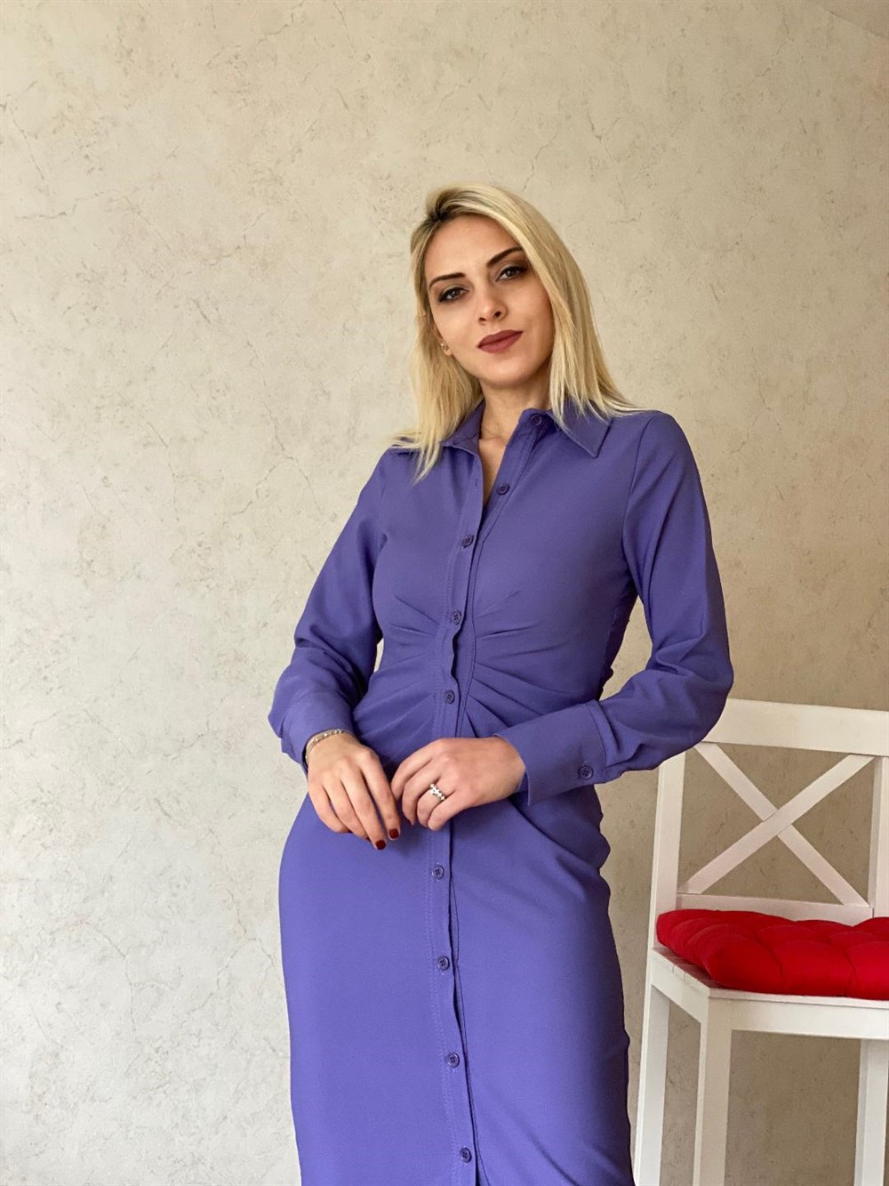 Drapeli Gömlek Elbise Lila