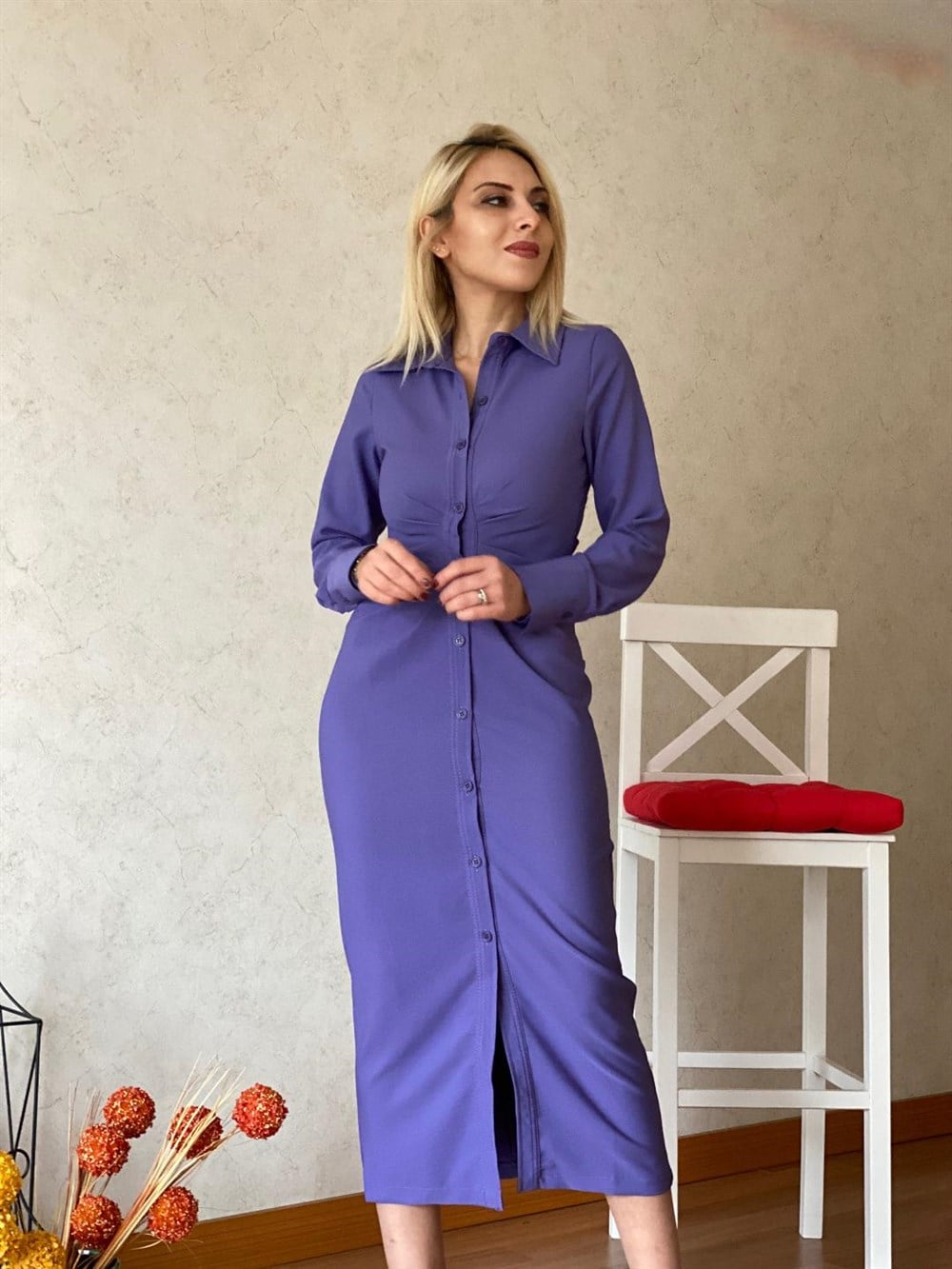 Drapeli Gömlek Elbise Lila