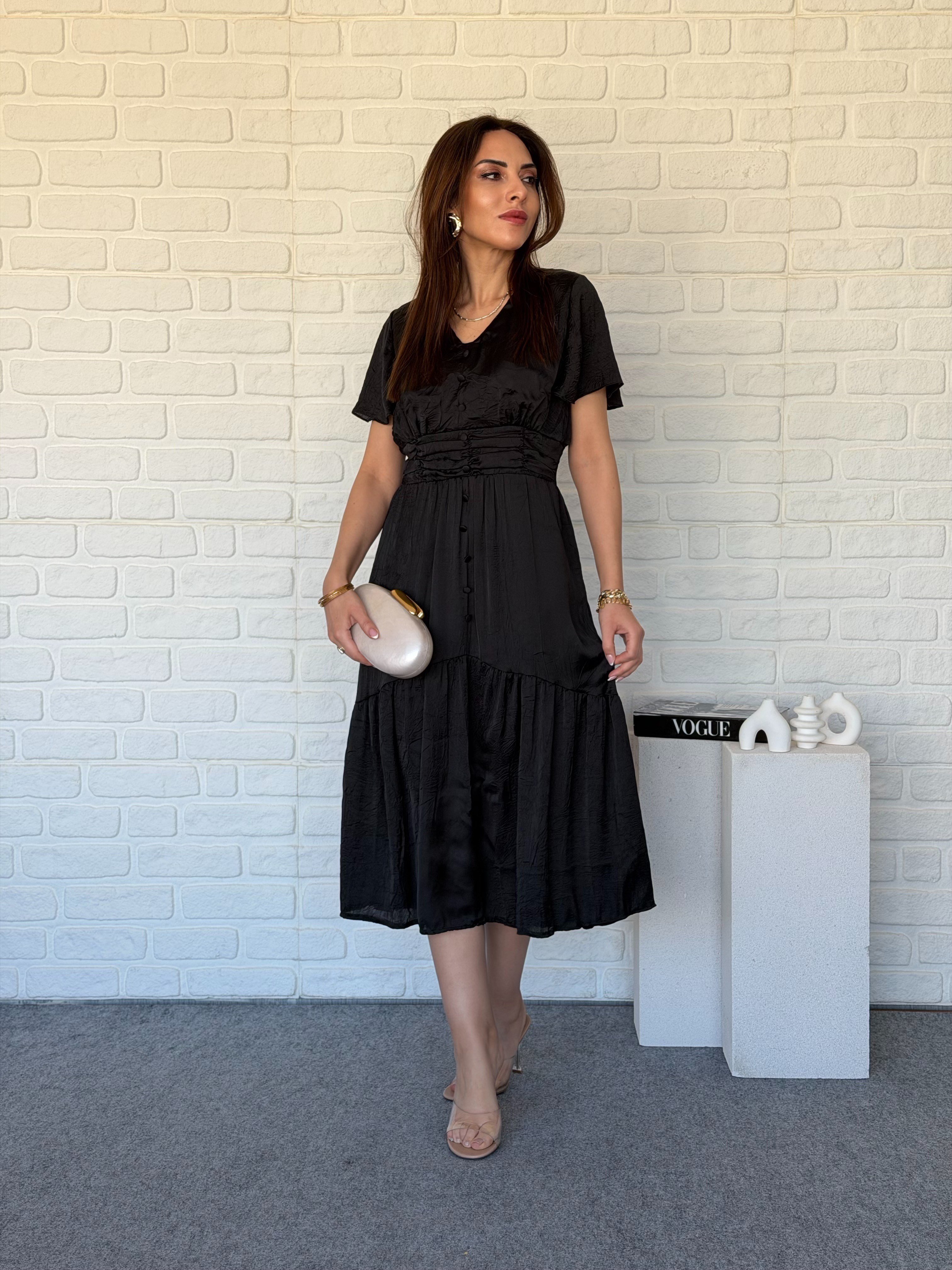 Drapeli Saten Elbise Siyah