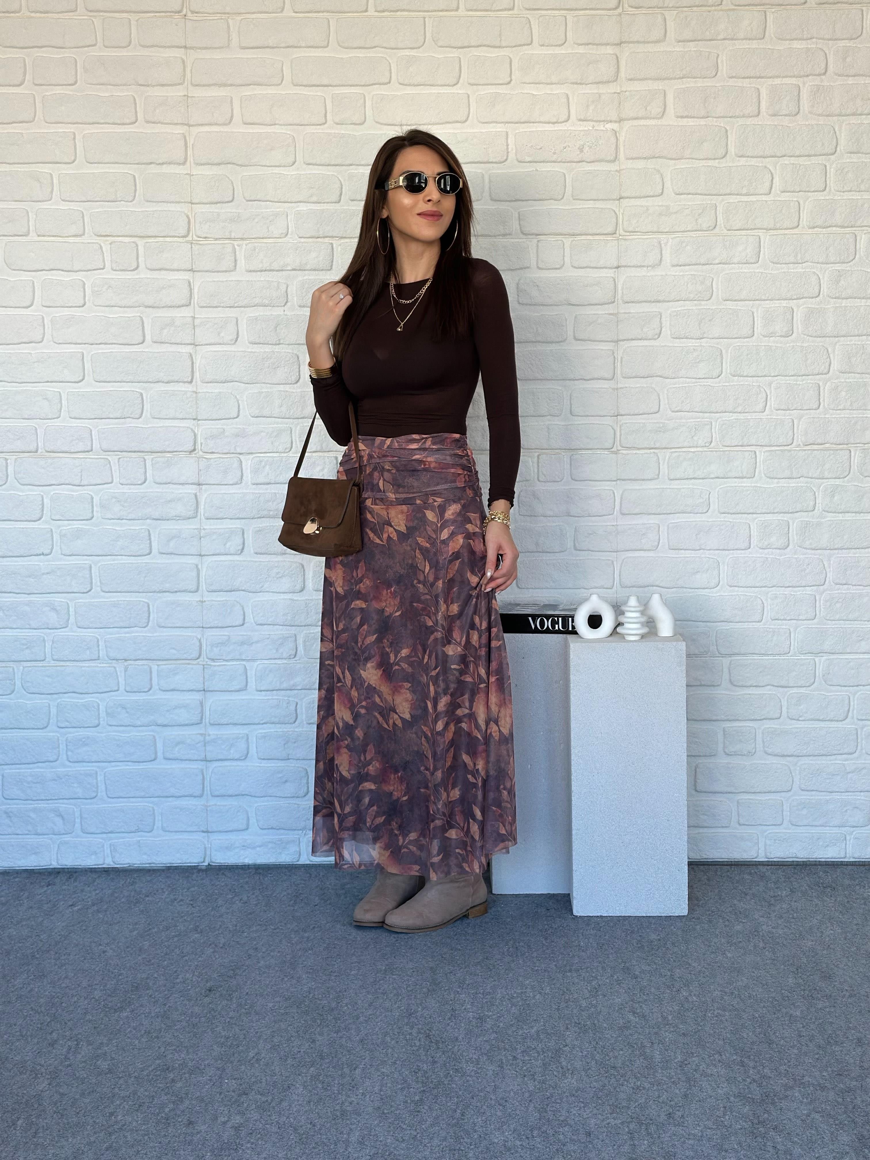 Drapeli Tül Yaprak Desen Etek