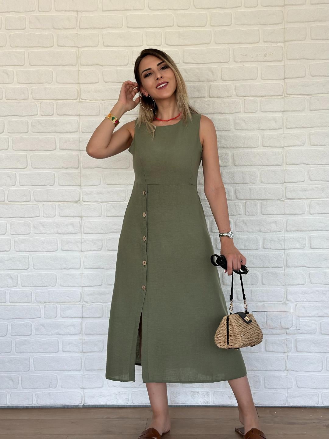 Düğmeli Keten Elbise Haki