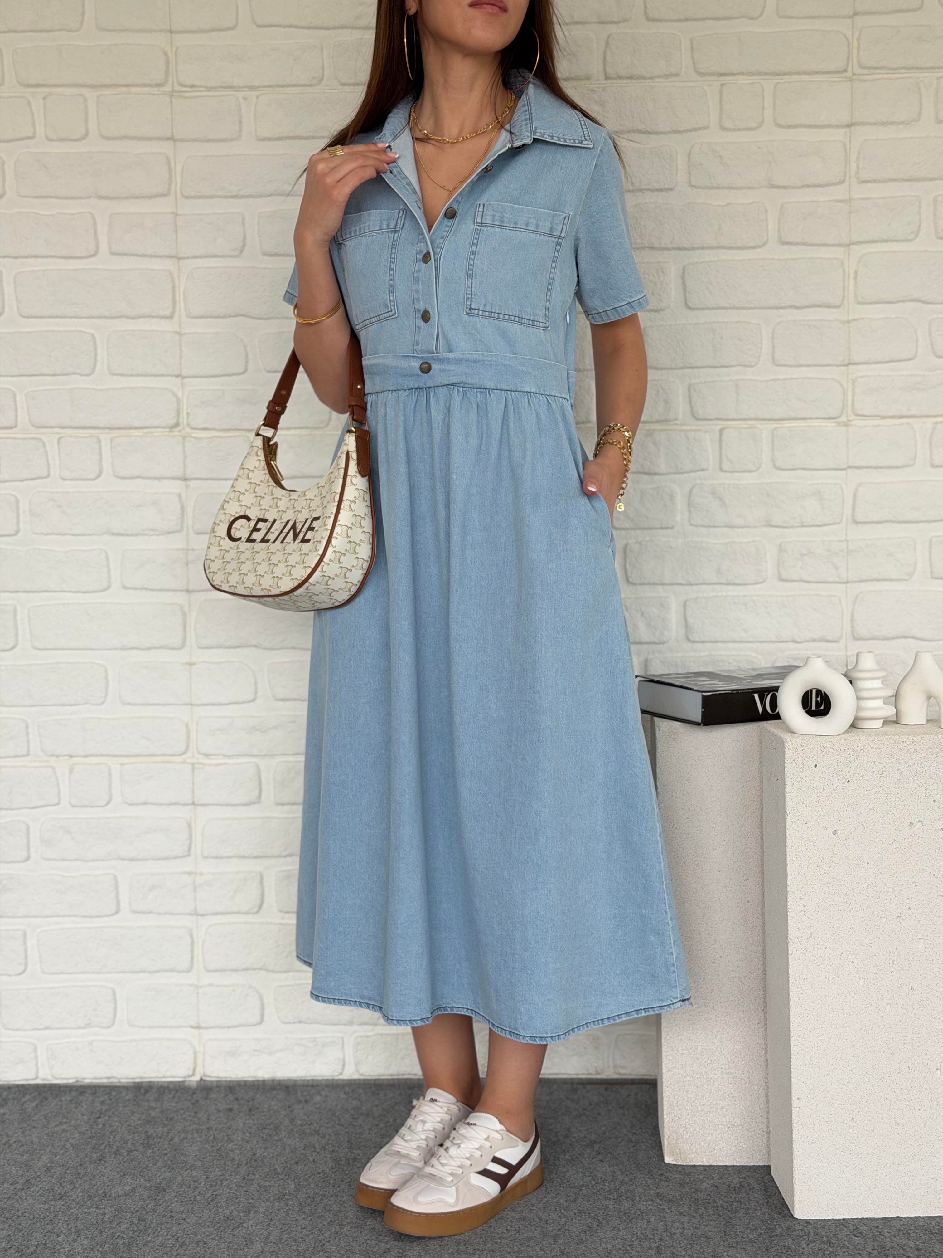 Düğmeli Kot Elbise Mavi