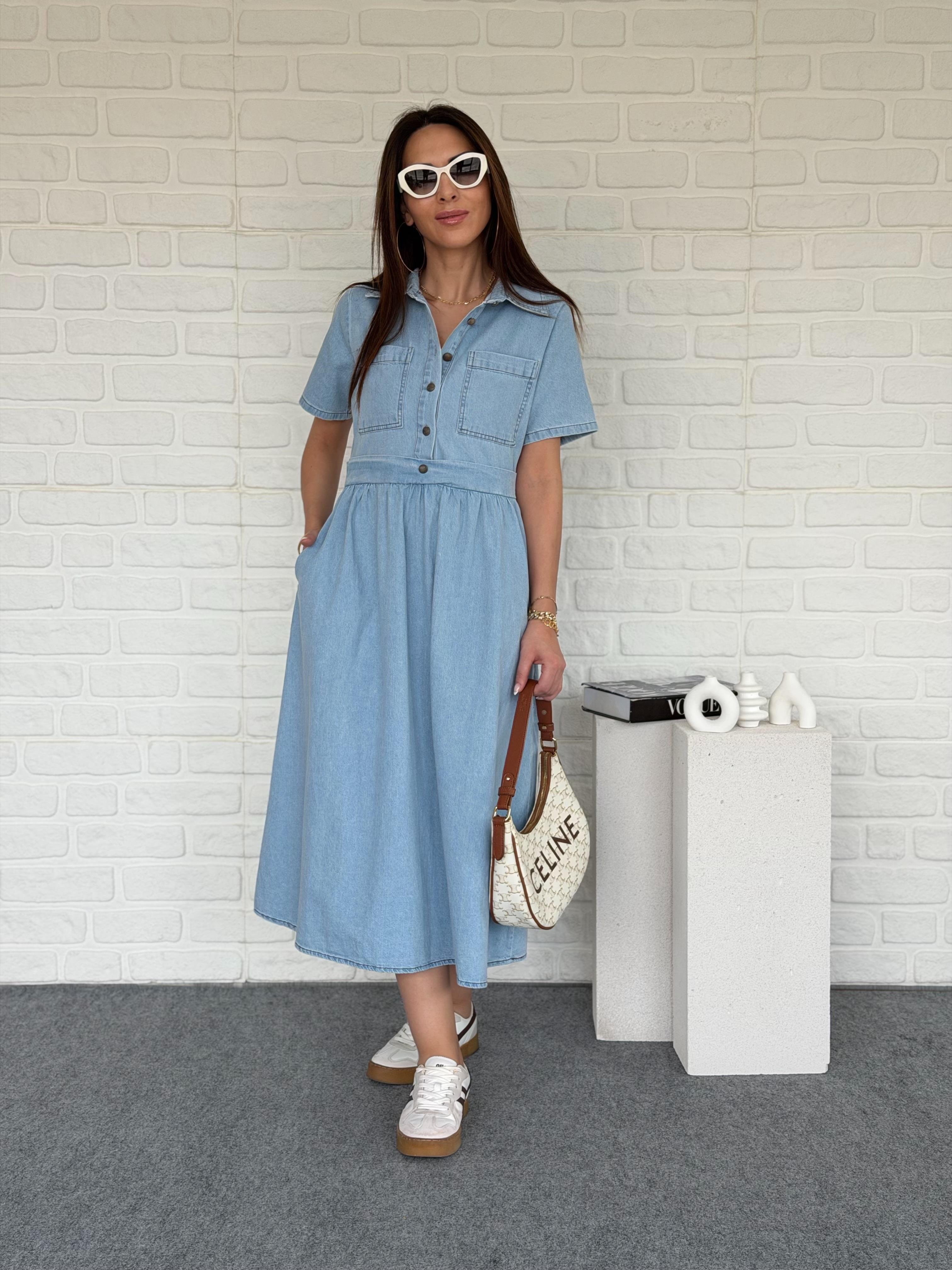 Düğmeli Kot Elbise Mavi