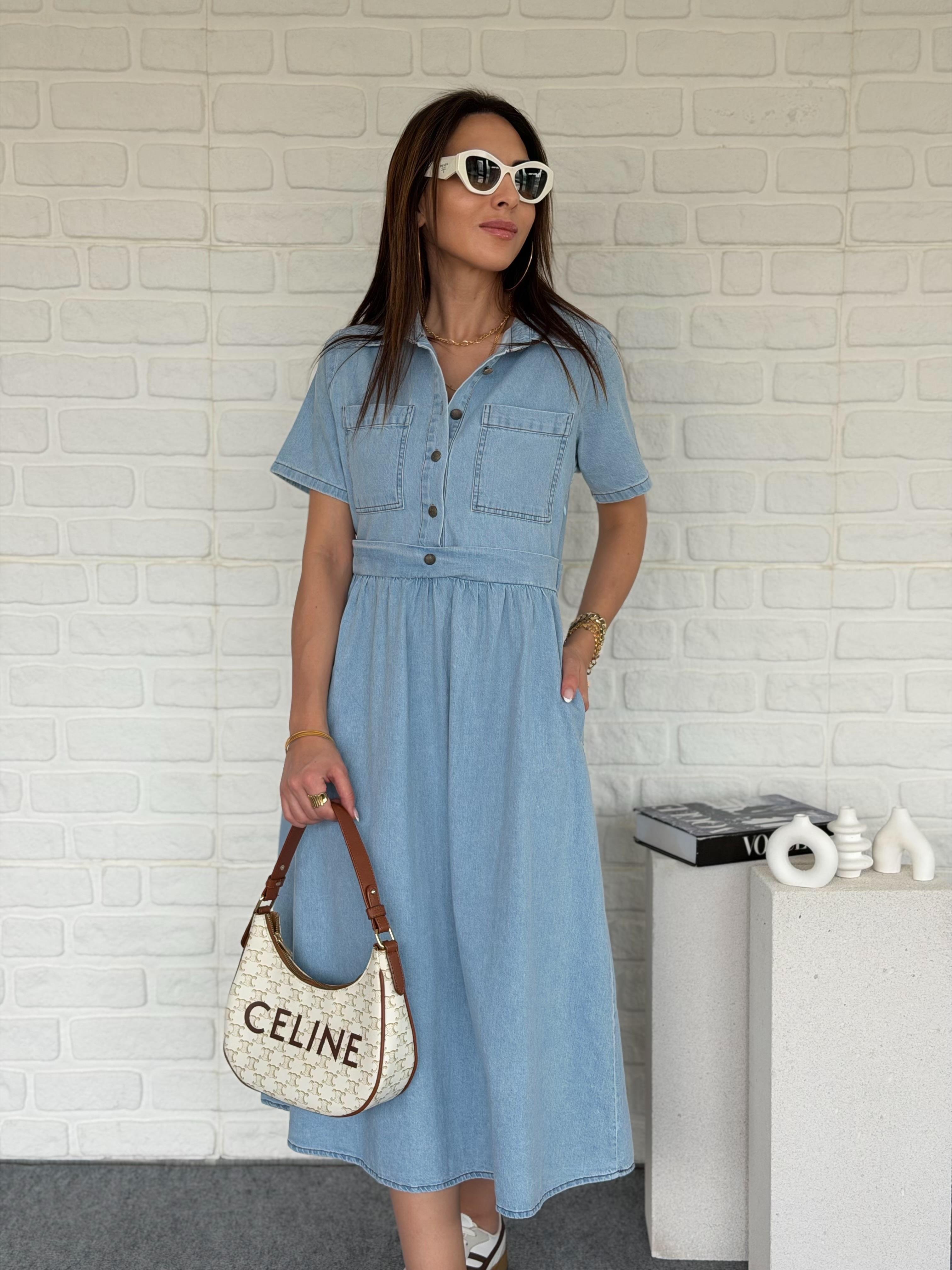 Düğmeli Kot Elbise Mavi