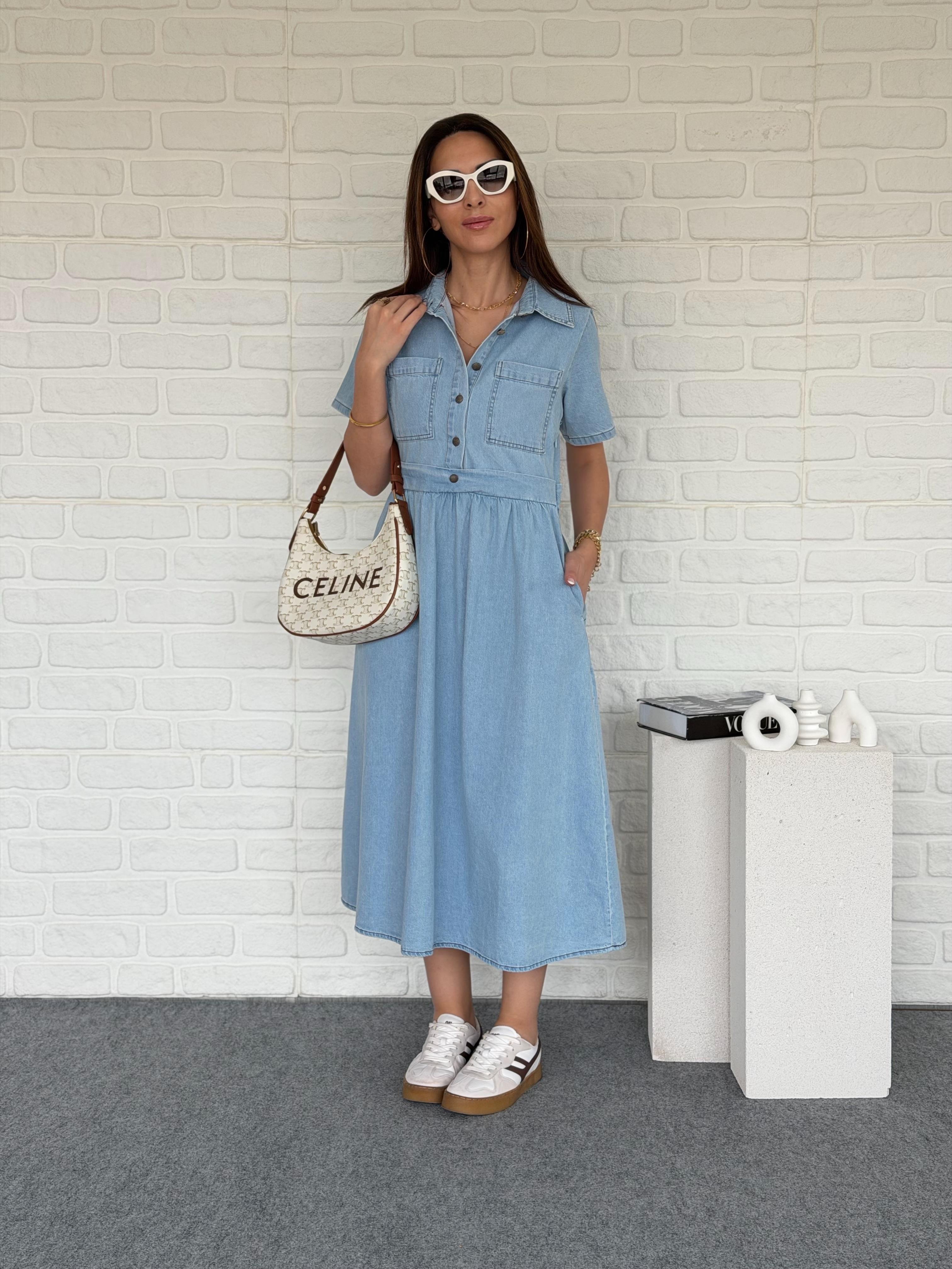 Düğmeli Kot Elbise Mavi