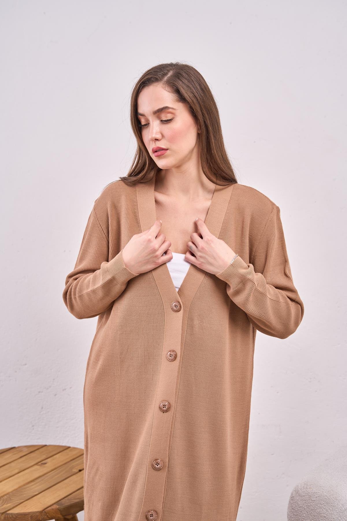 Düğmeli Triko Elbise Camel