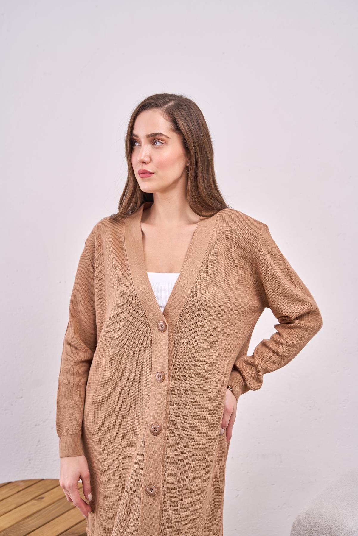 Düğmeli Triko Elbise Camel