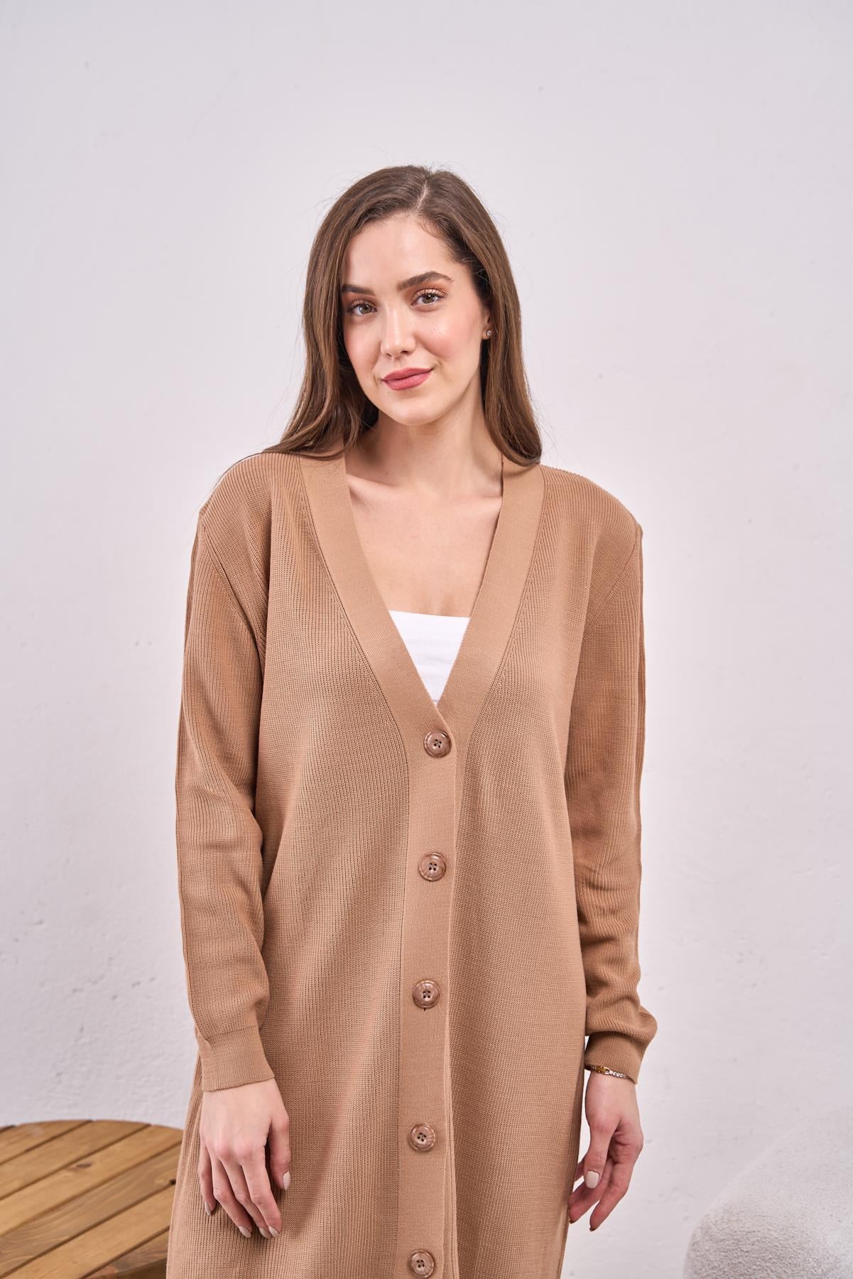 Düğmeli Triko Elbise Camel