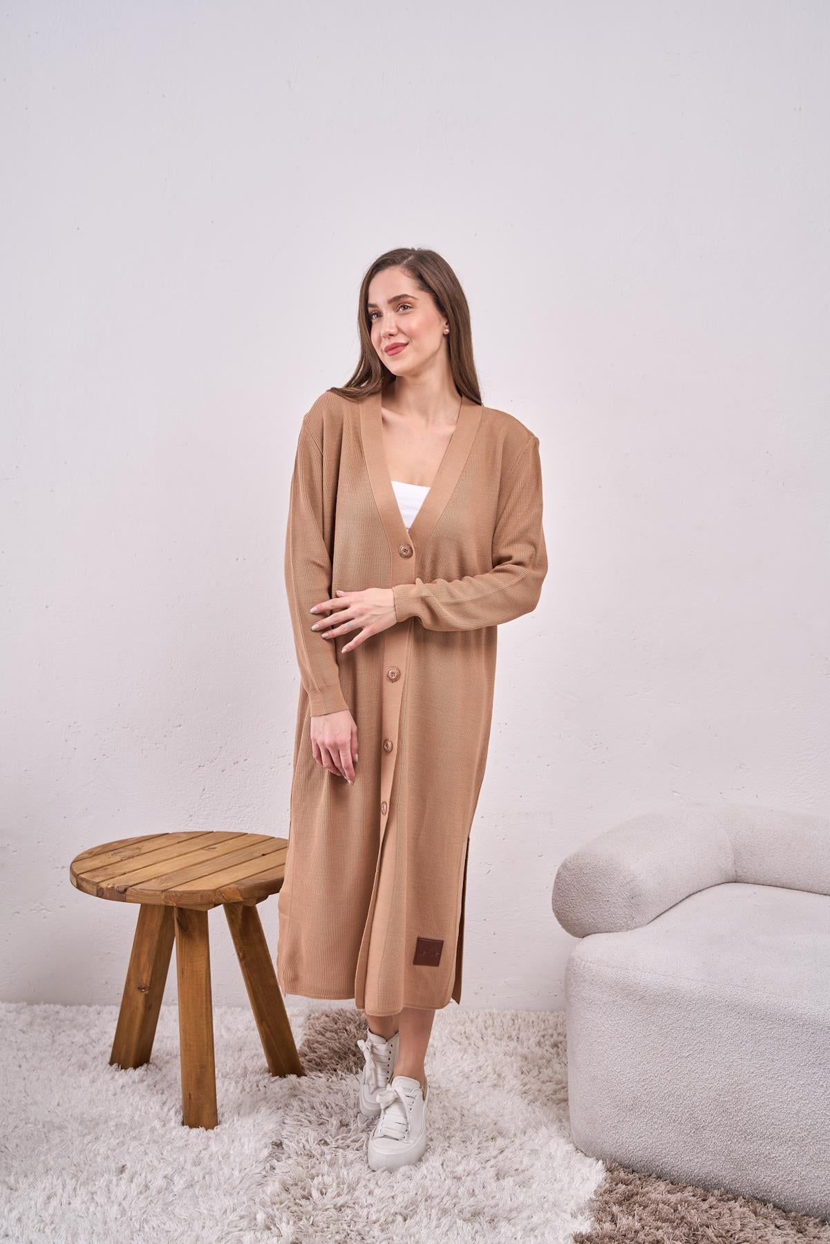 Düğmeli Triko Elbise Camel