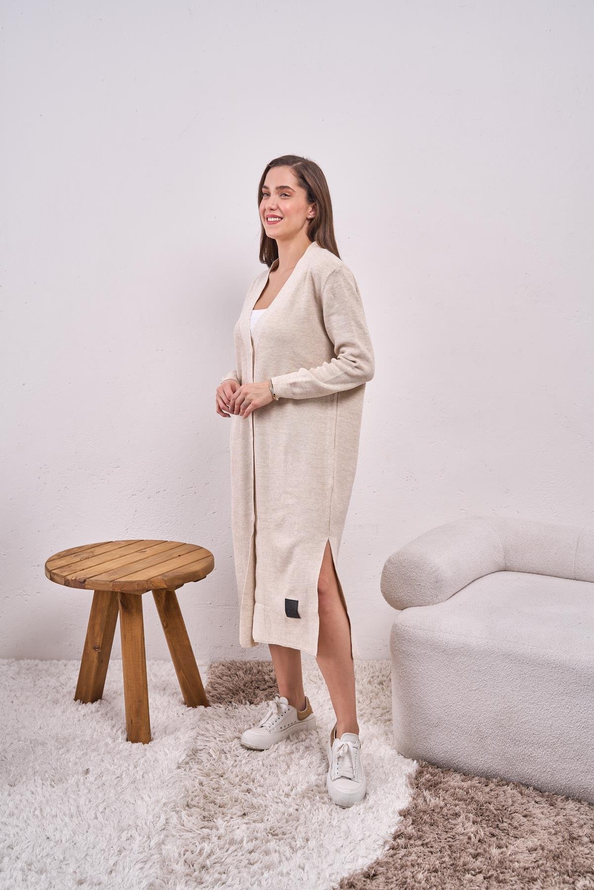 Düğmeli Triko Elbise Taş