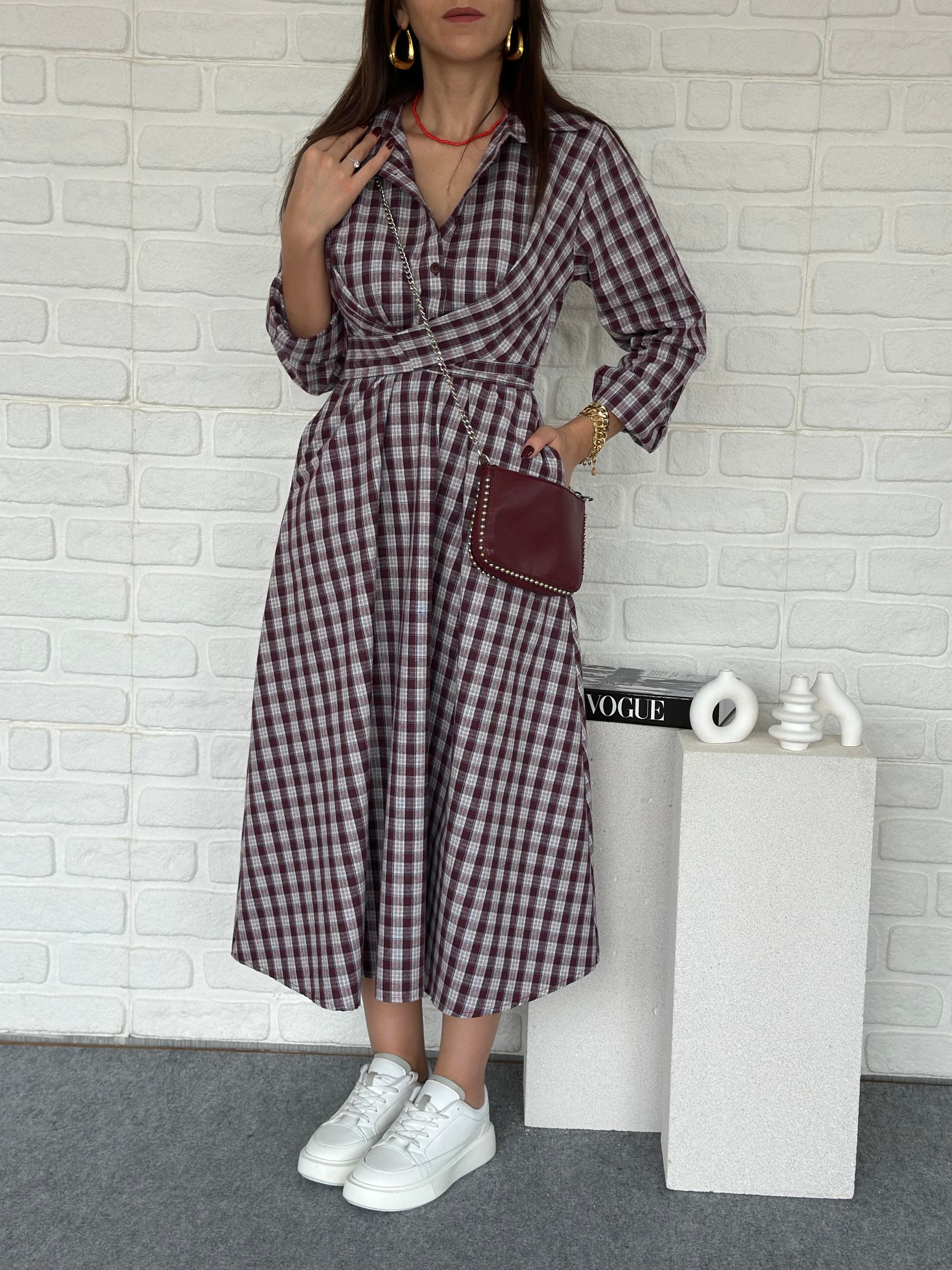 Ekose Bağlamalı Elbise Bordo