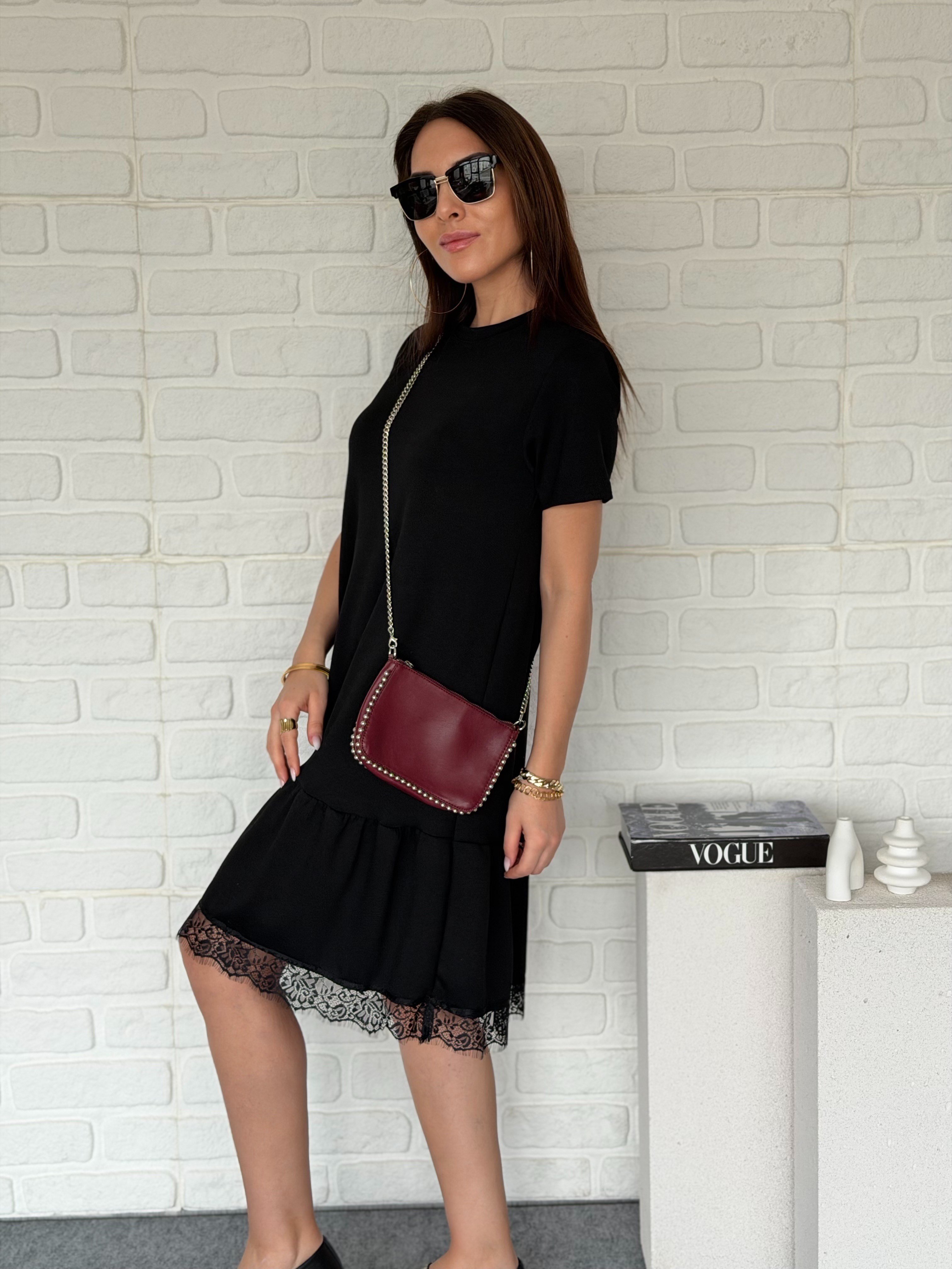 Eteği Dantelli Modal Elbise Siyah