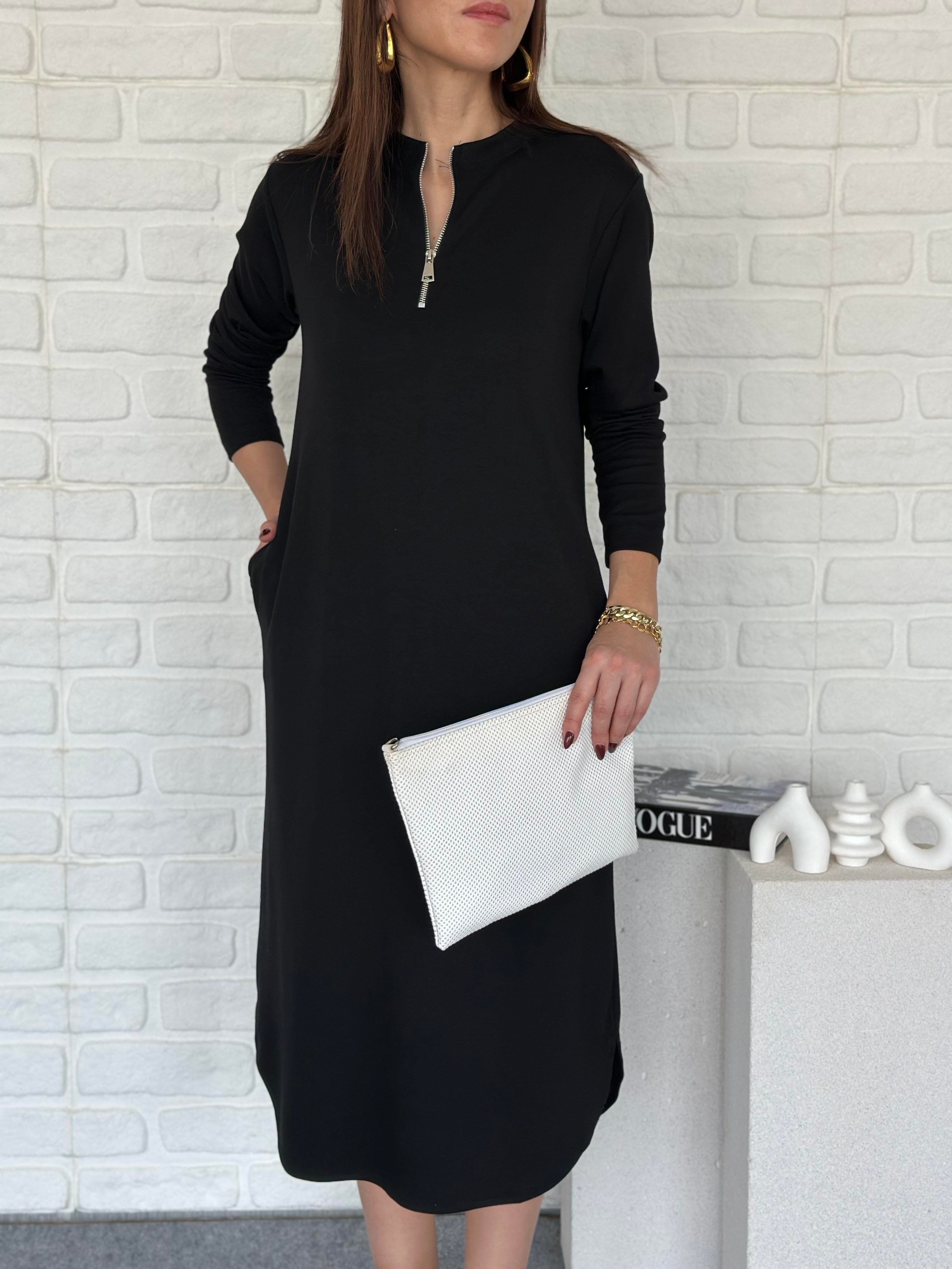 Fermuarlı Modal Elbise Siyah