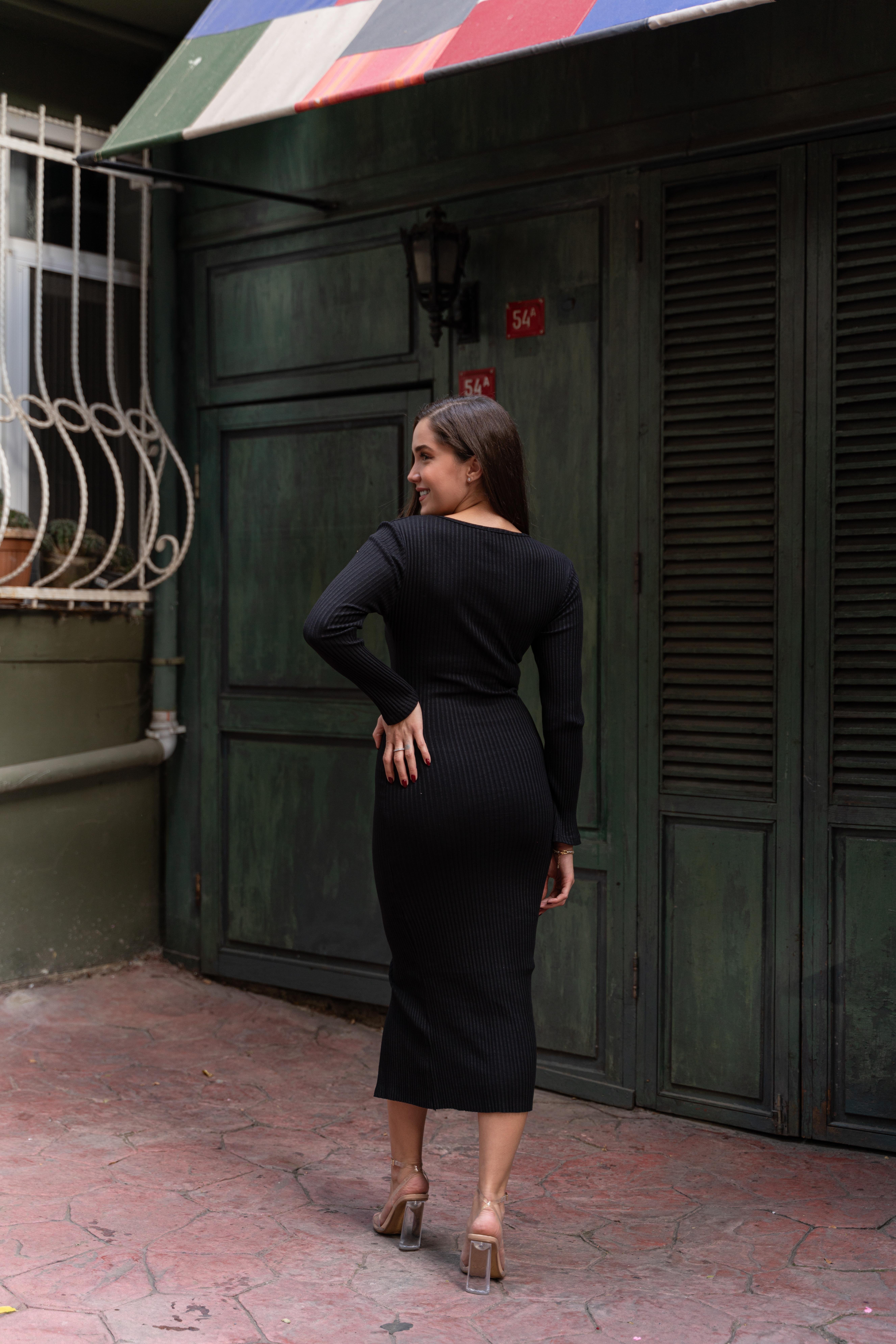 Fitilli Triko Elbise Siyah