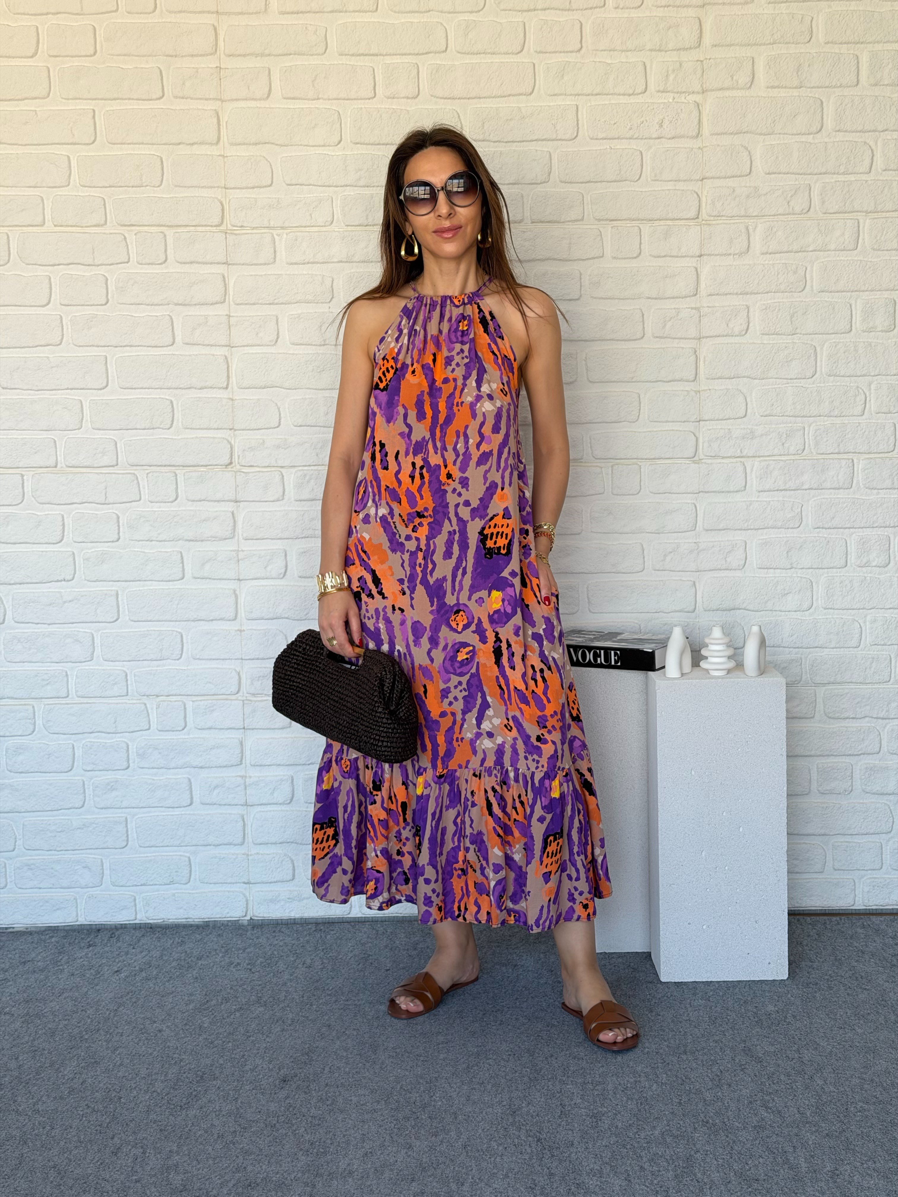 Halter Yaka Elbise Mor 