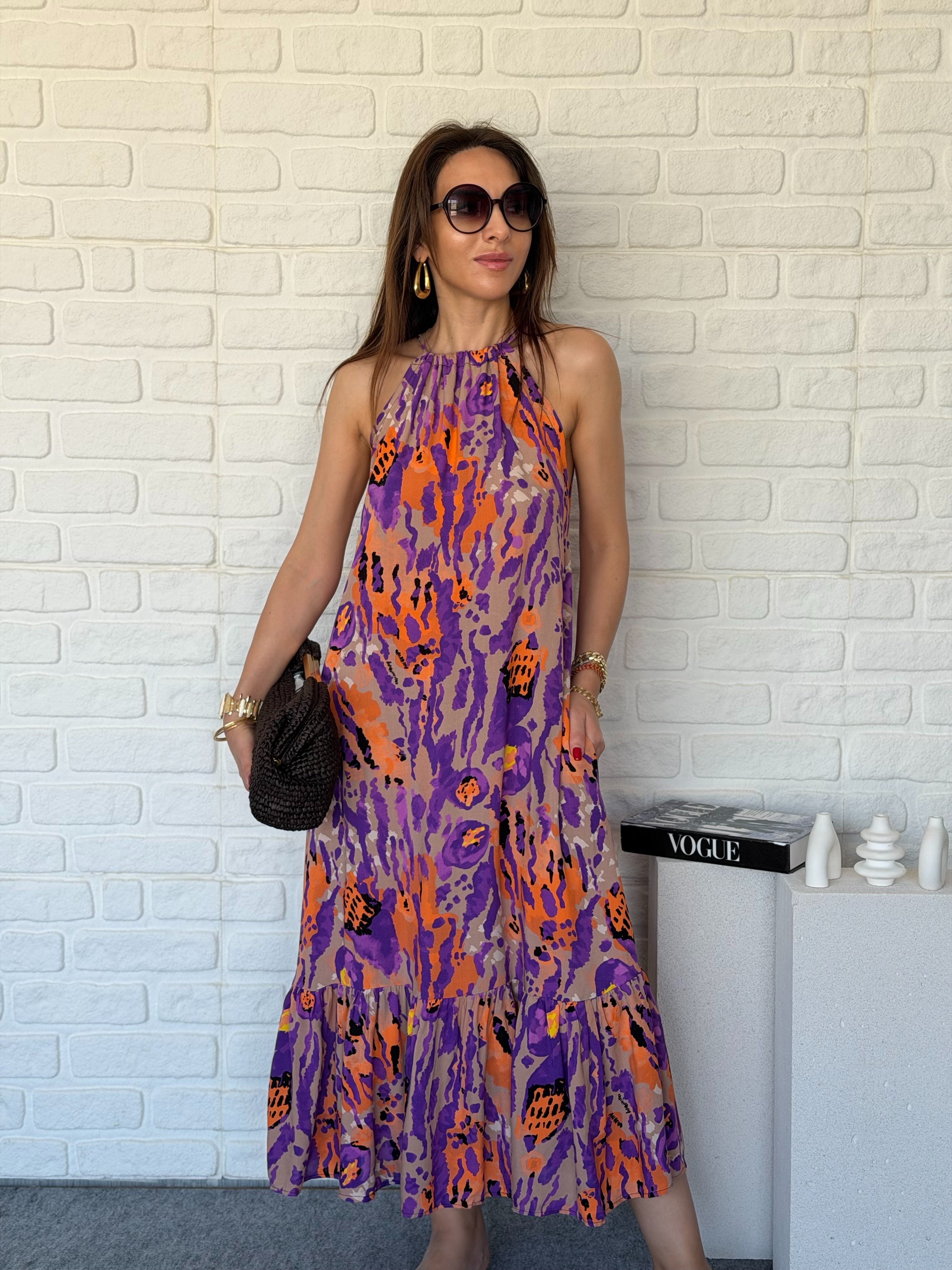 Halter Yaka Elbise Mor 