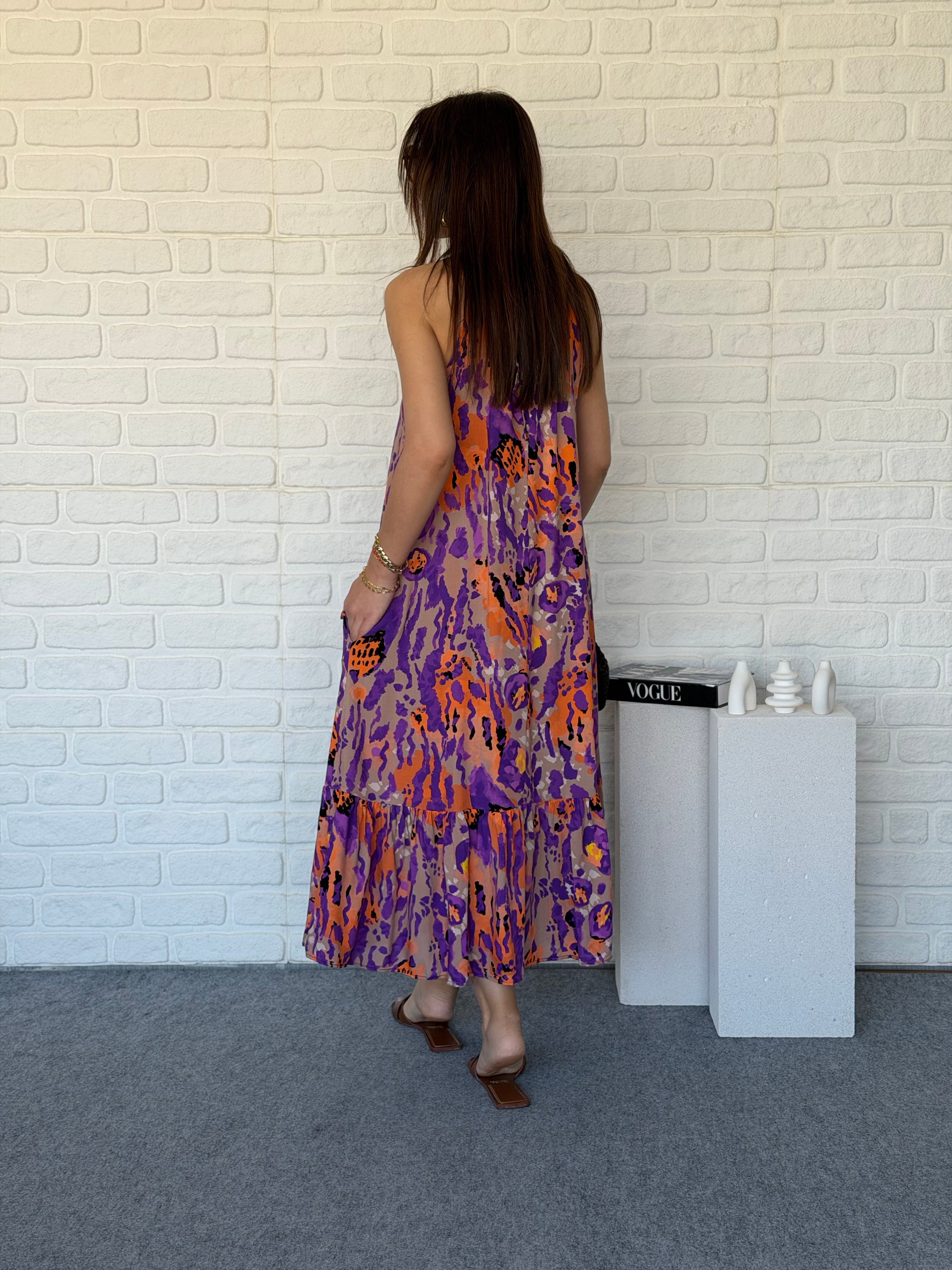 Halter Yaka Elbise Mor 
