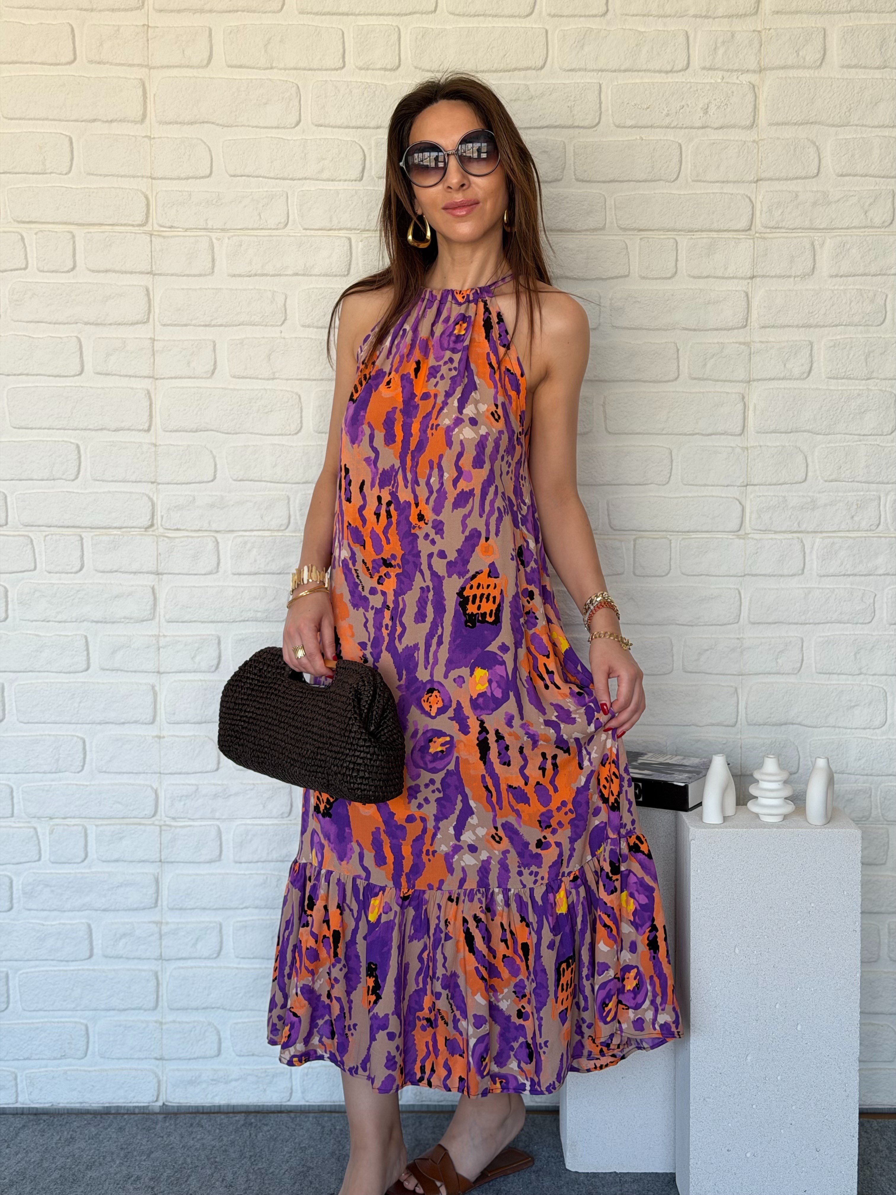 Halter Yaka Elbise Mor 