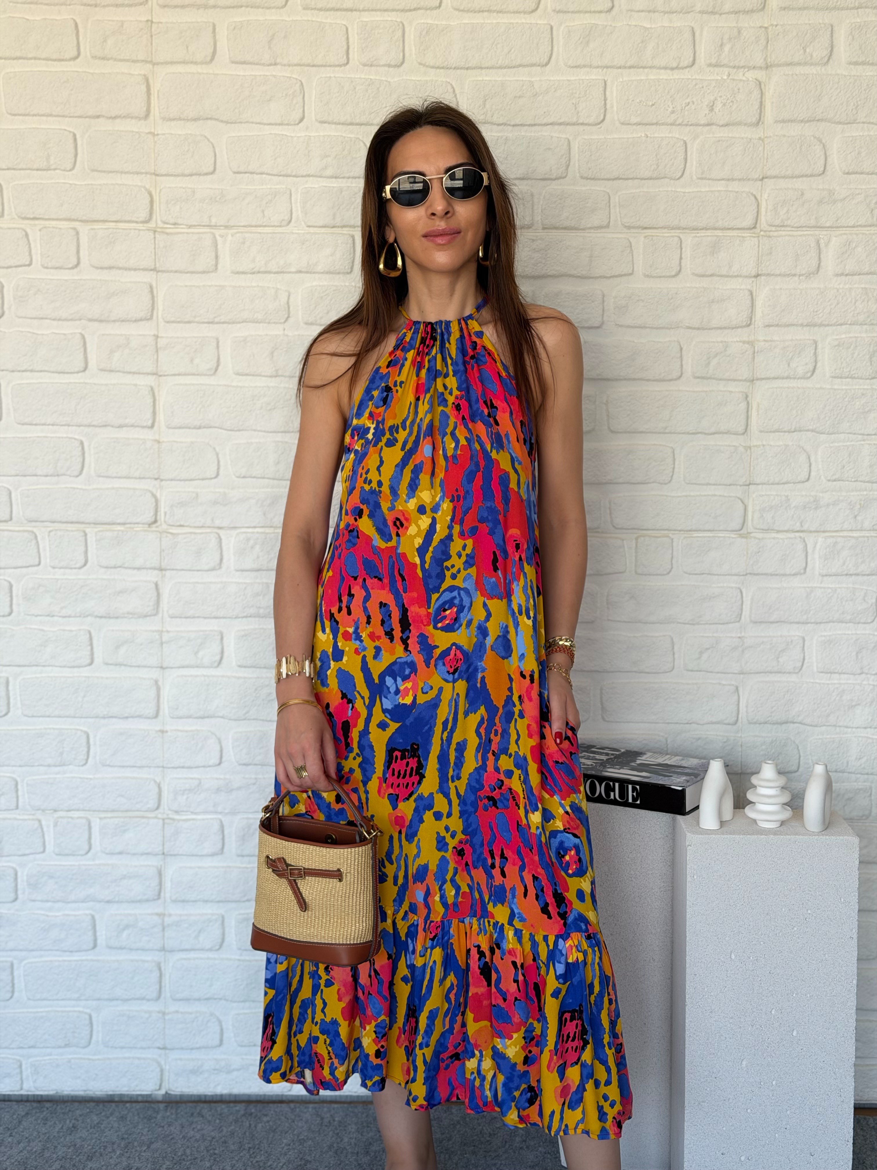 Halter Yaka Elbise Sarı