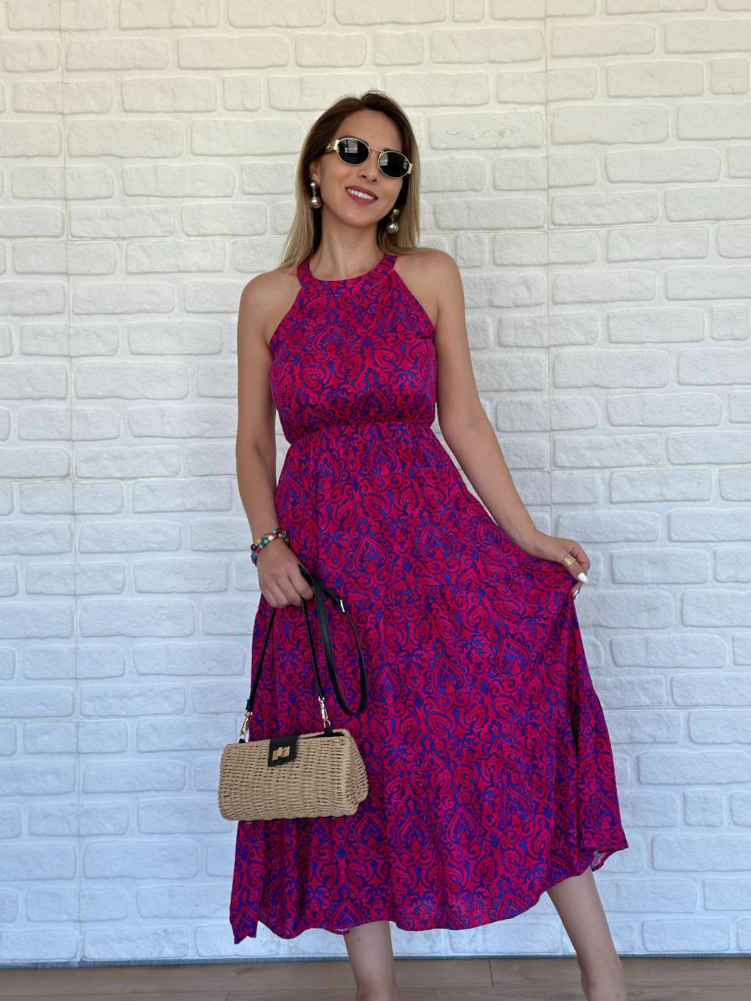 Halter Yaka Şal Desen Elbise Pembe