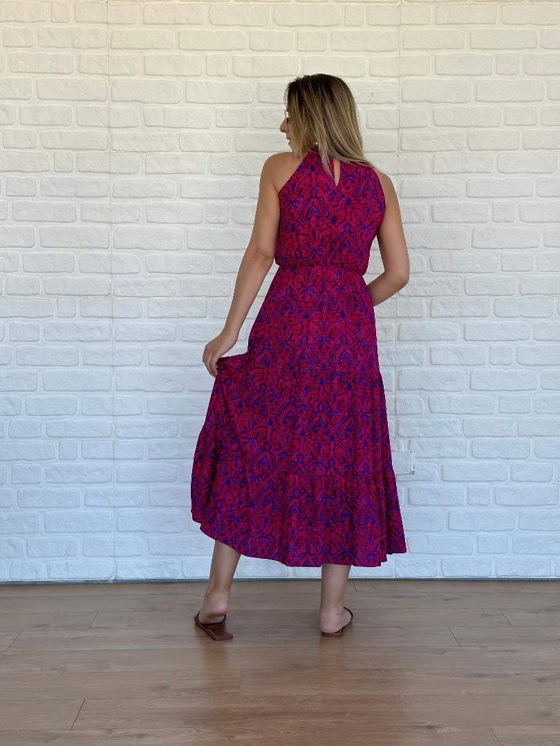 Halter Yaka Şal Desen Elbise Pembe