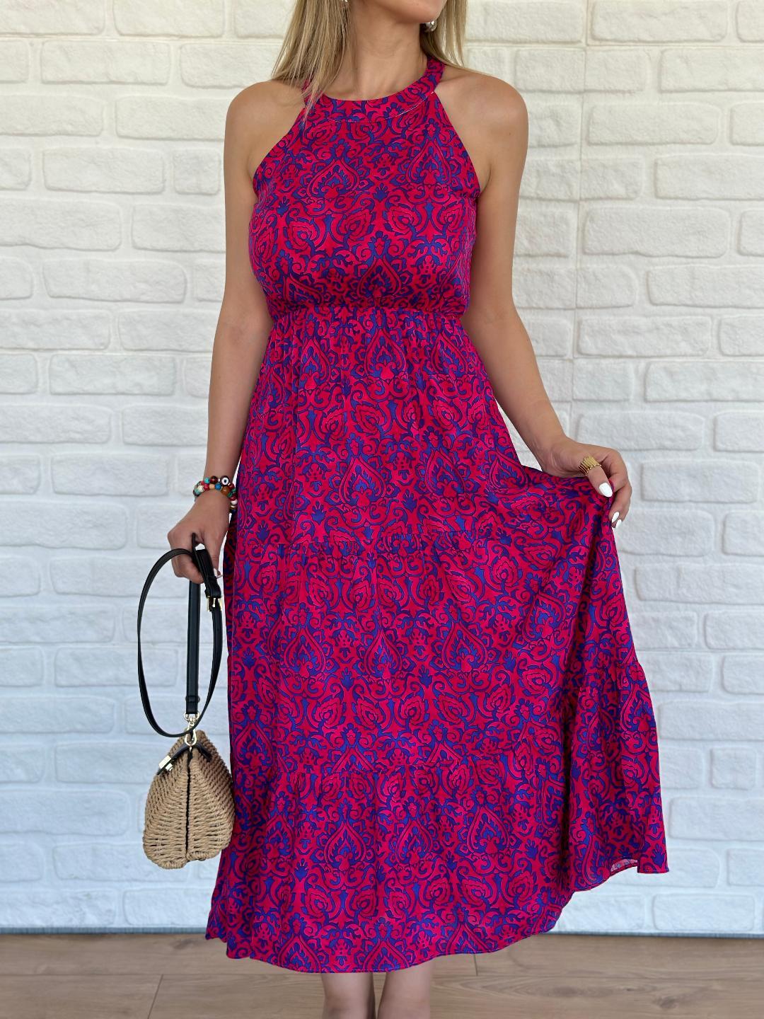 Halter Yaka Şal Desen Elbise Pembe