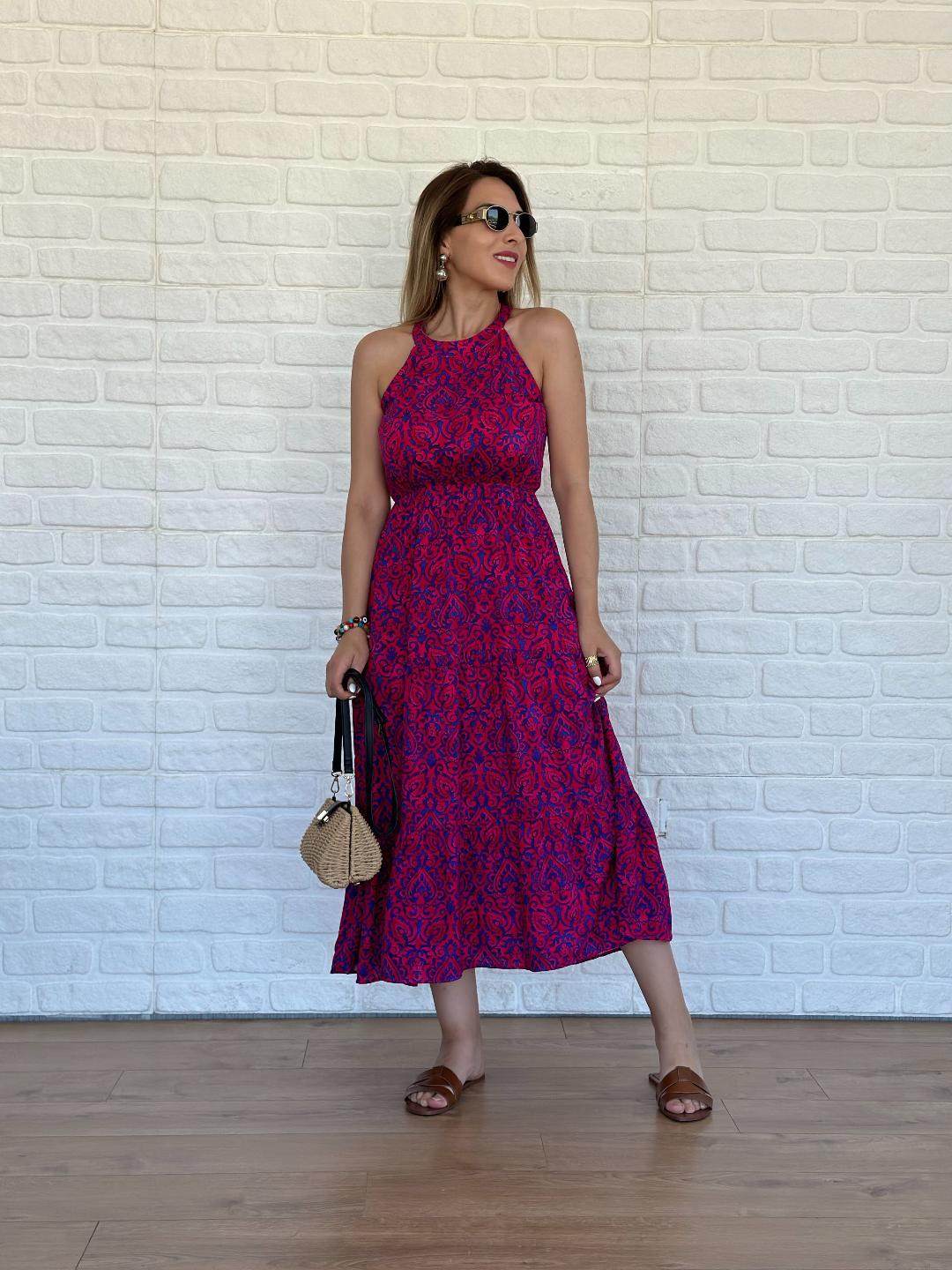 Halter Yaka Şal Desen Elbise Pembe