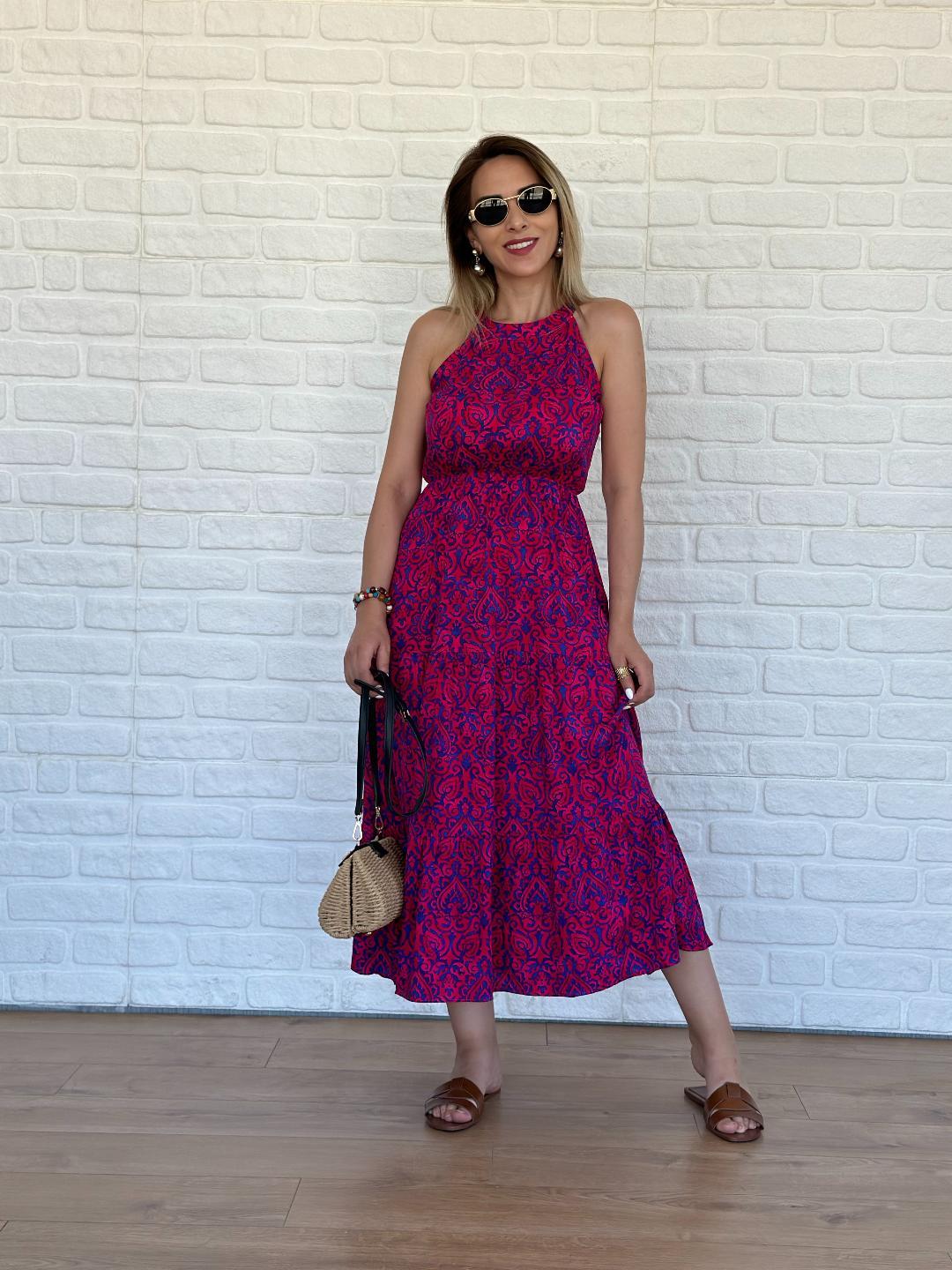 Halter Yaka Şal Desen Elbise Pembe