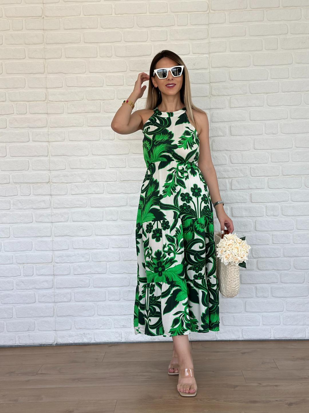Halter Yaka Şal Desen Elbise Yeşil