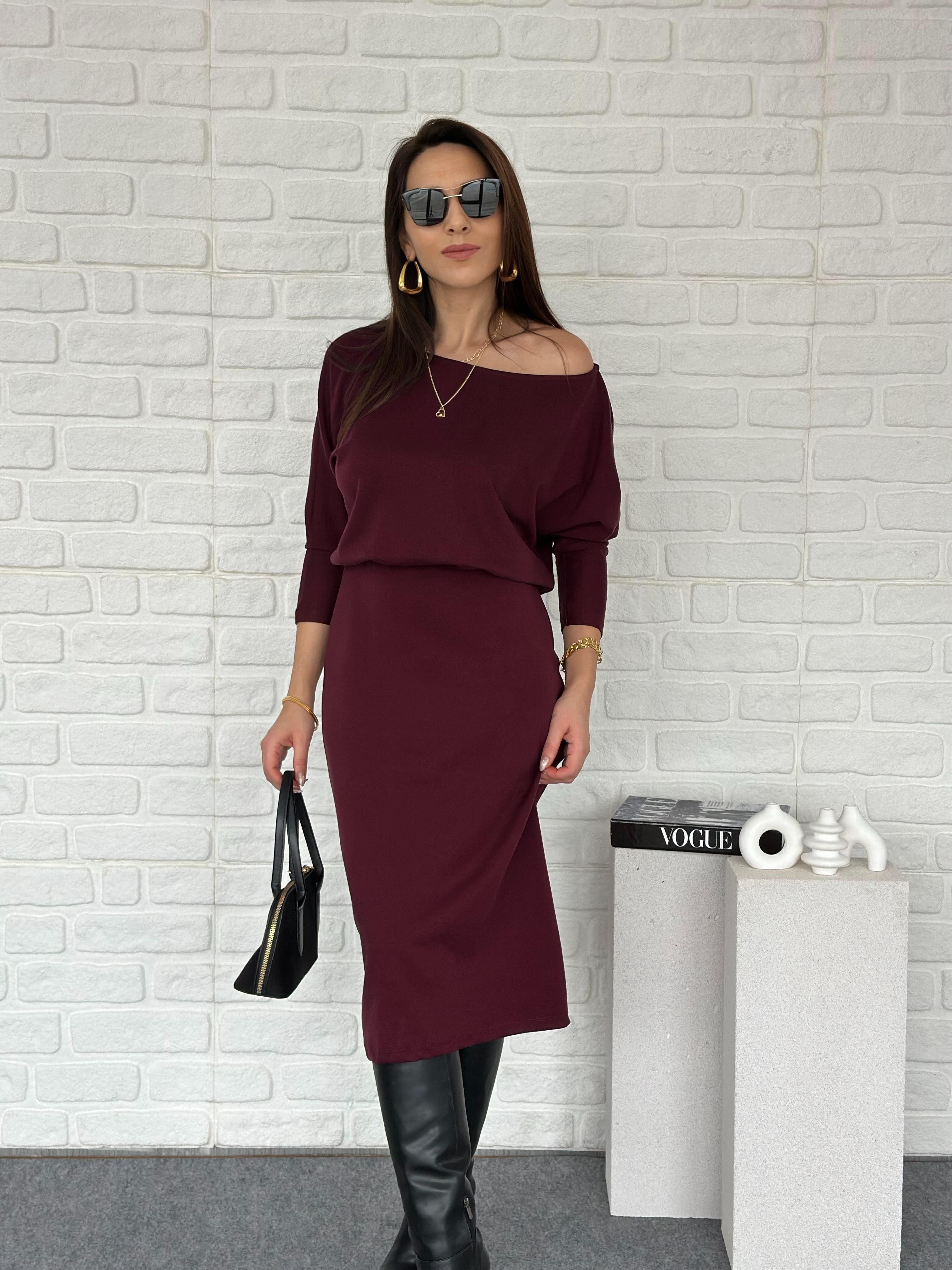 Kayık Yaka Modal Elbise Bordo