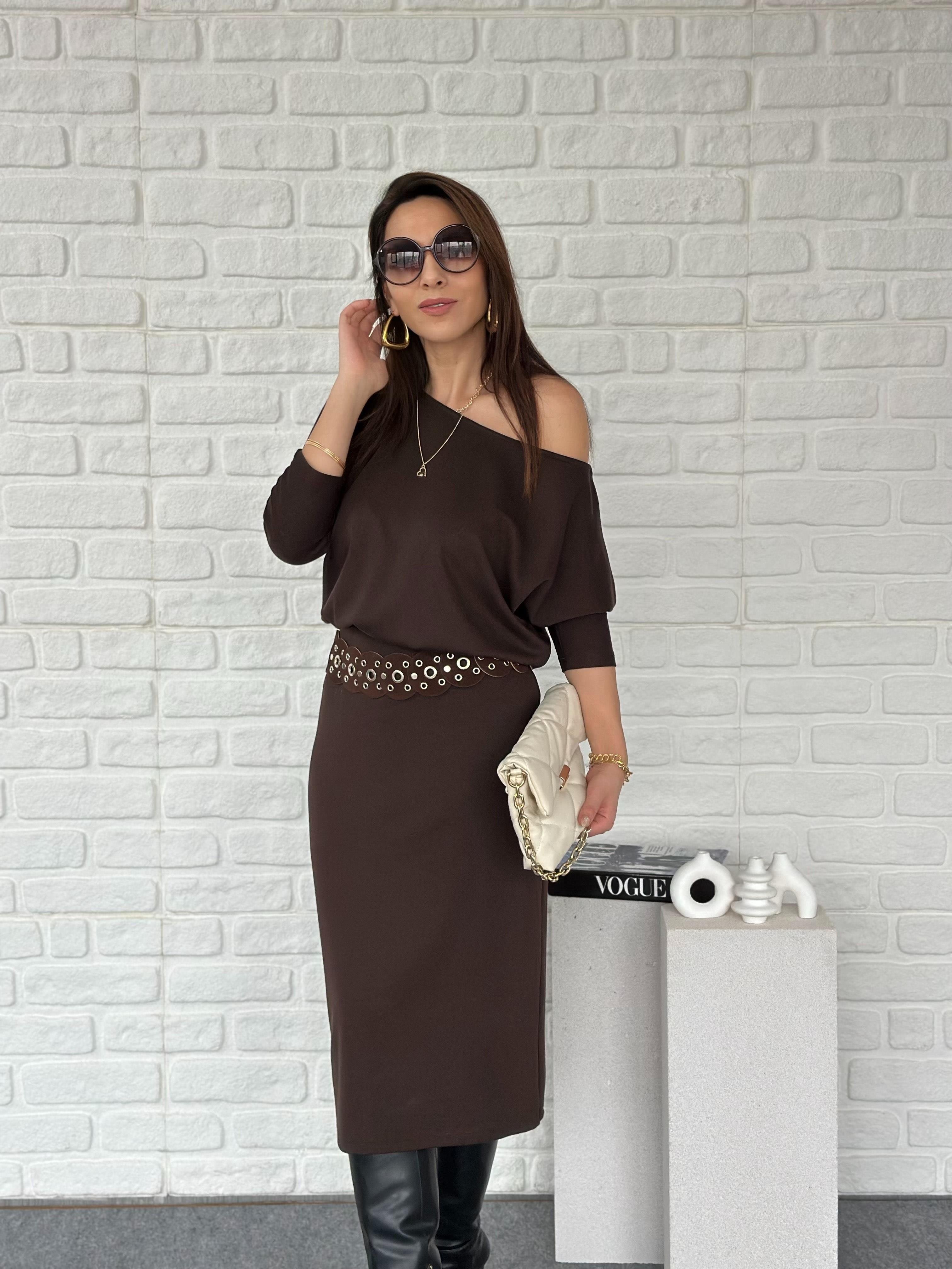 Kayık Yaka Modal Elbise Kahve