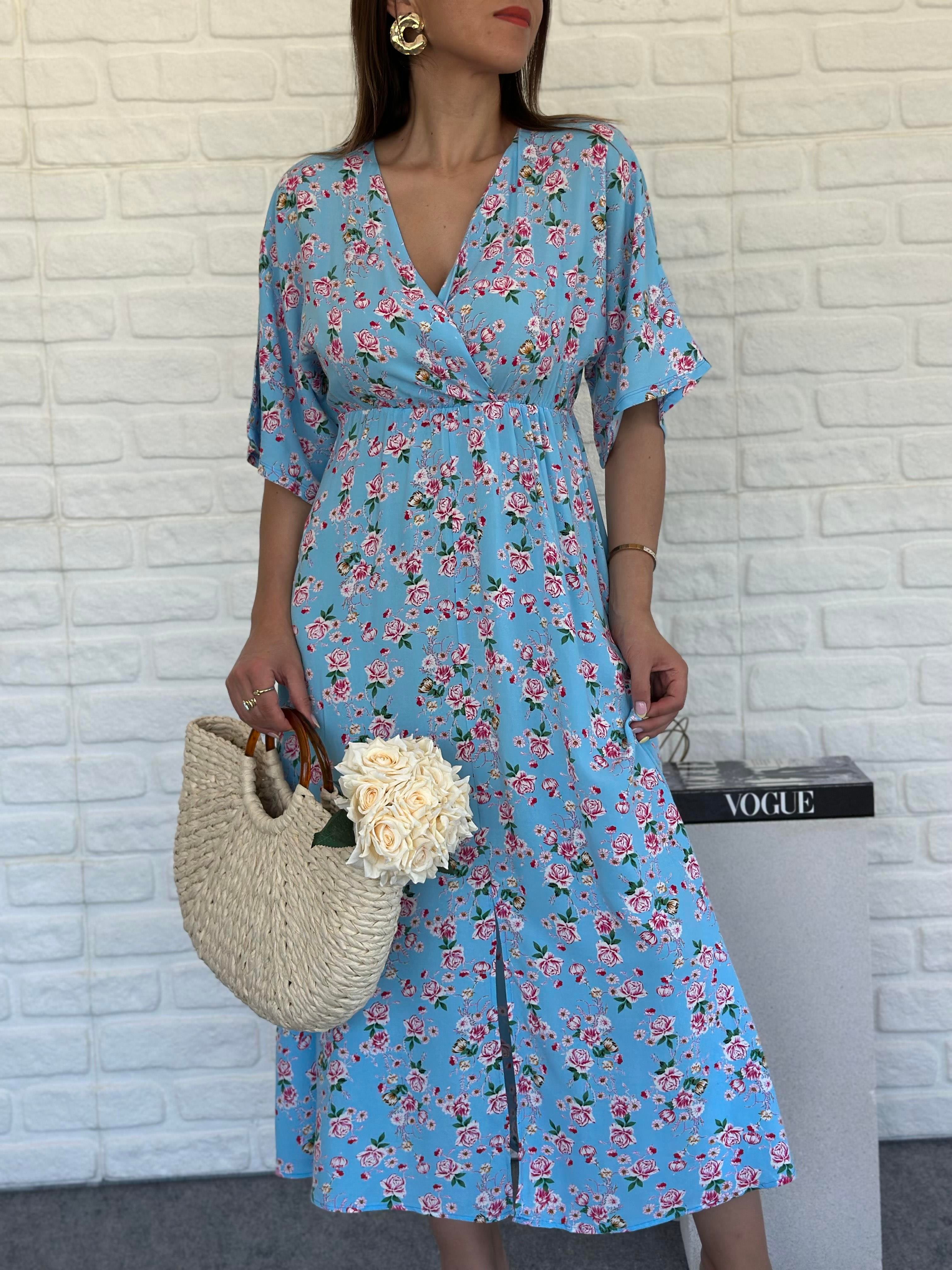 Kruvaze Yırtmaçlı Elbise Blue