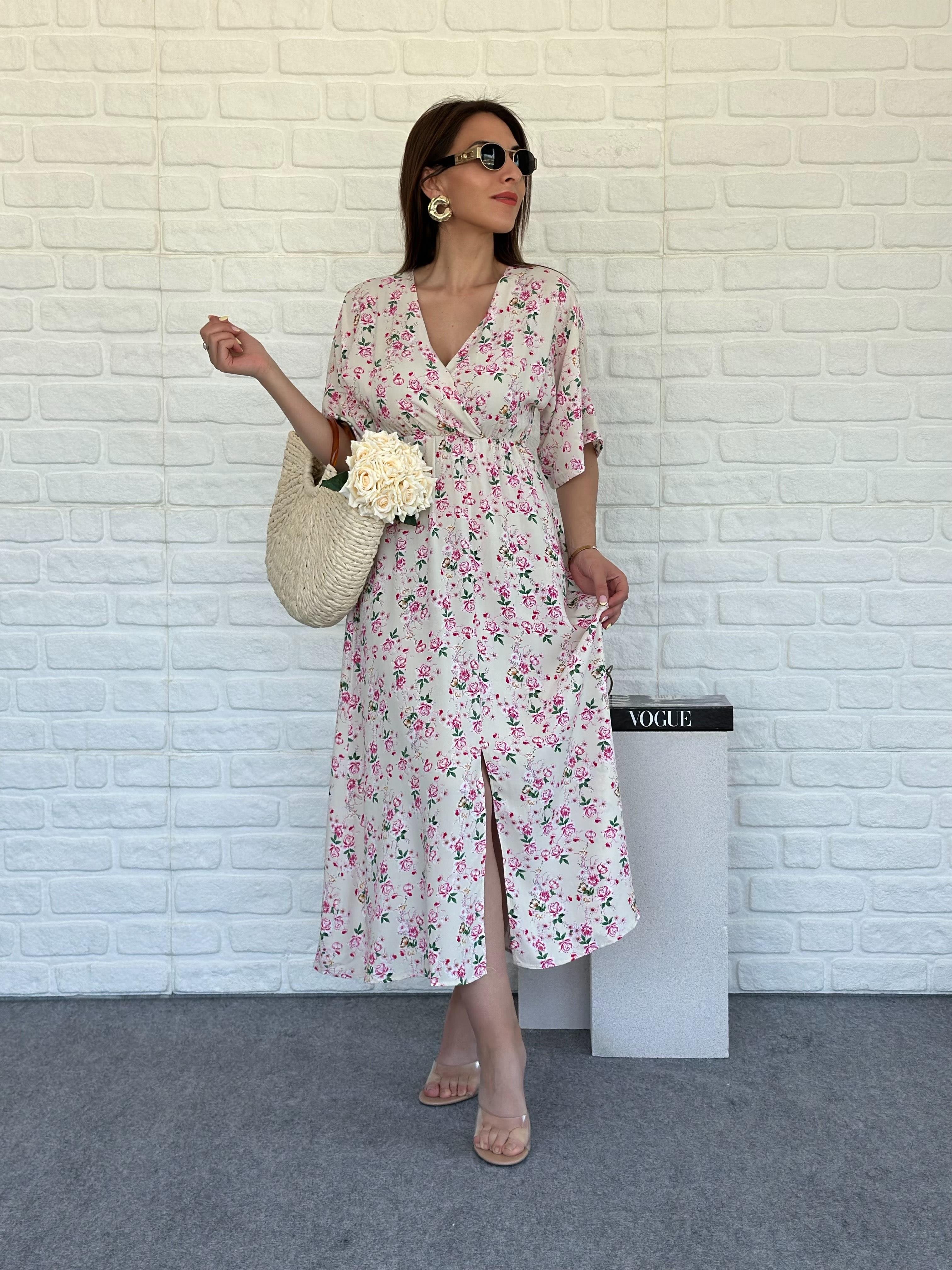 Kruvaze Yırtmaçlı Elbise Pembe