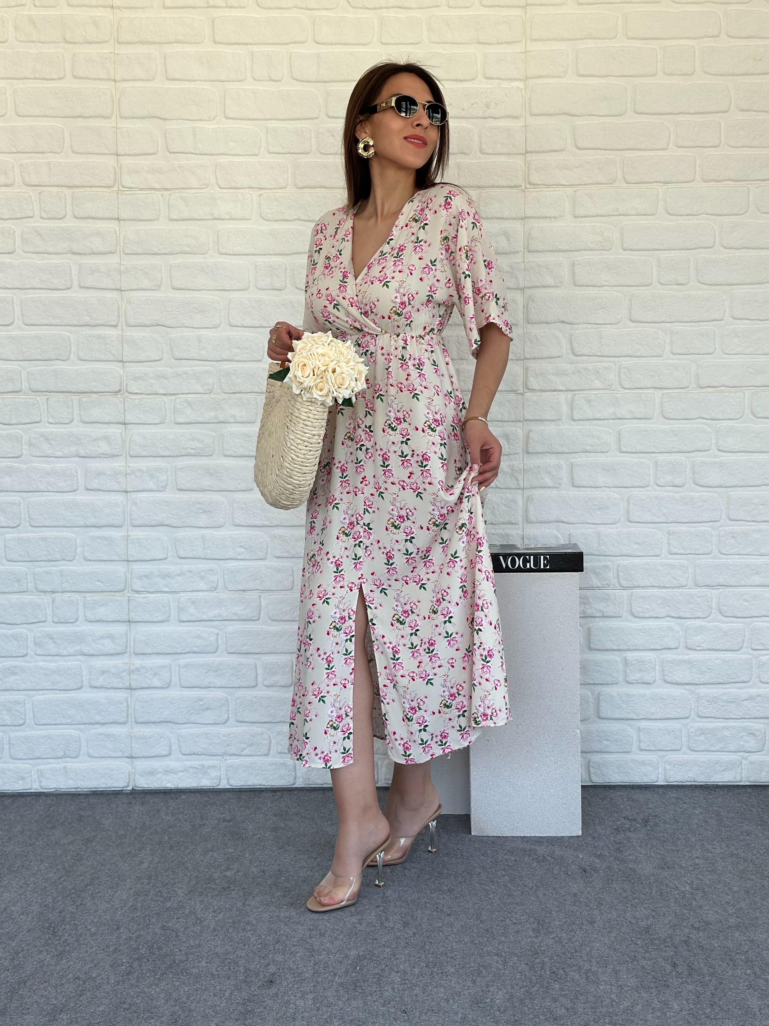 Kruvaze Yırtmaçlı Elbise Pembe