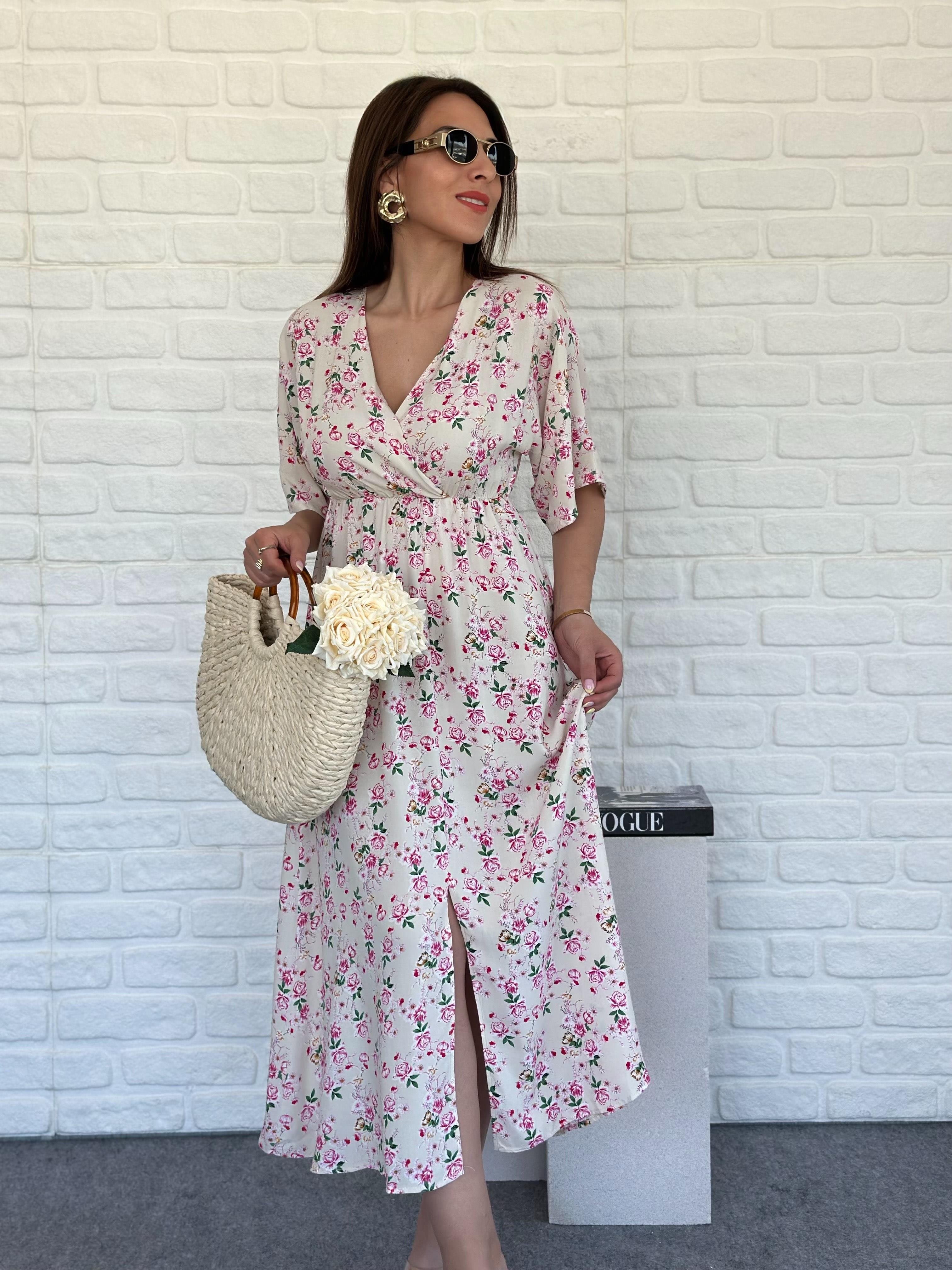 Kruvaze Yırtmaçlı Elbise Pembe