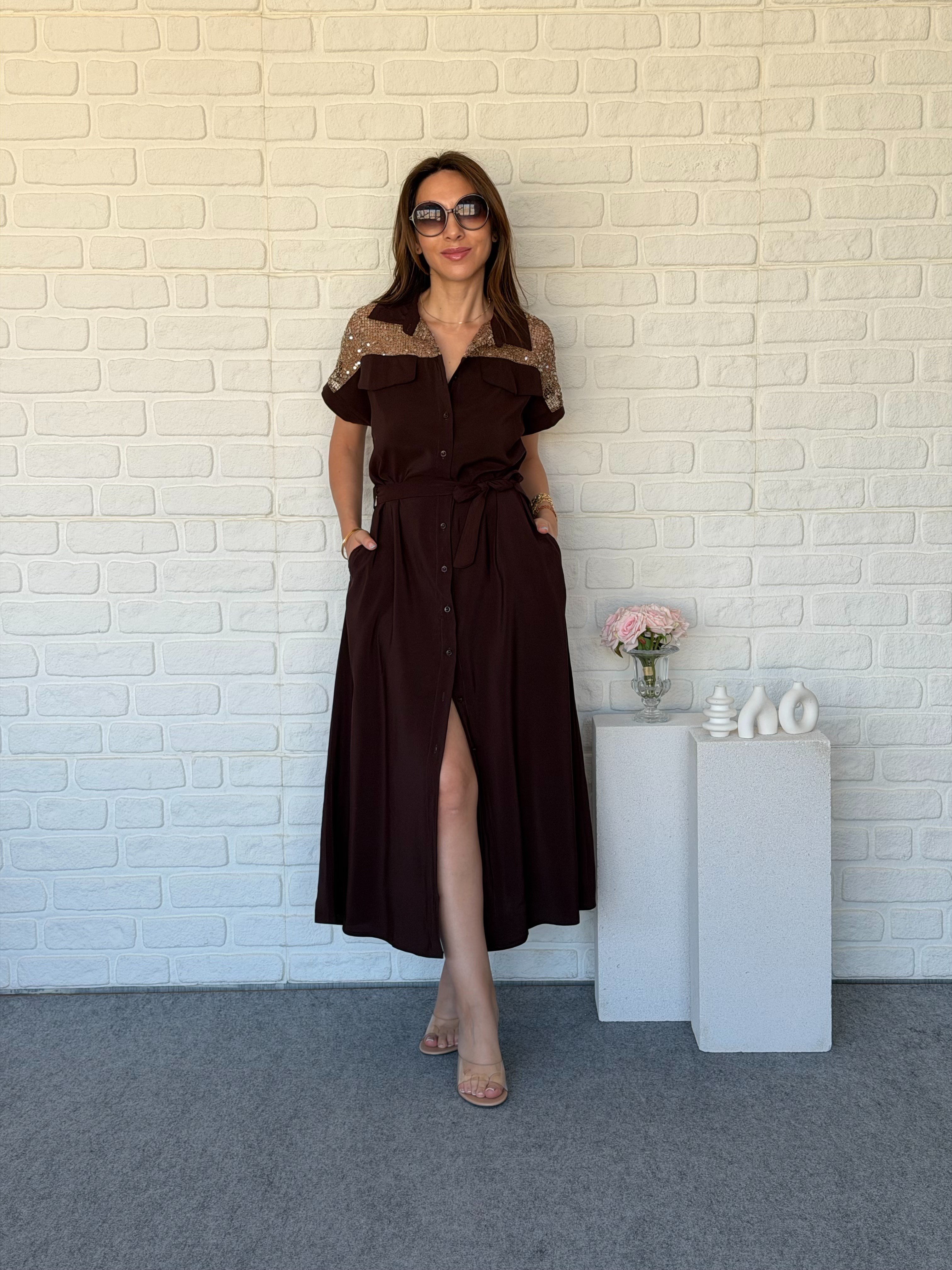Omzu Pul Payet Fileli Tensel Gömlek Elbise
