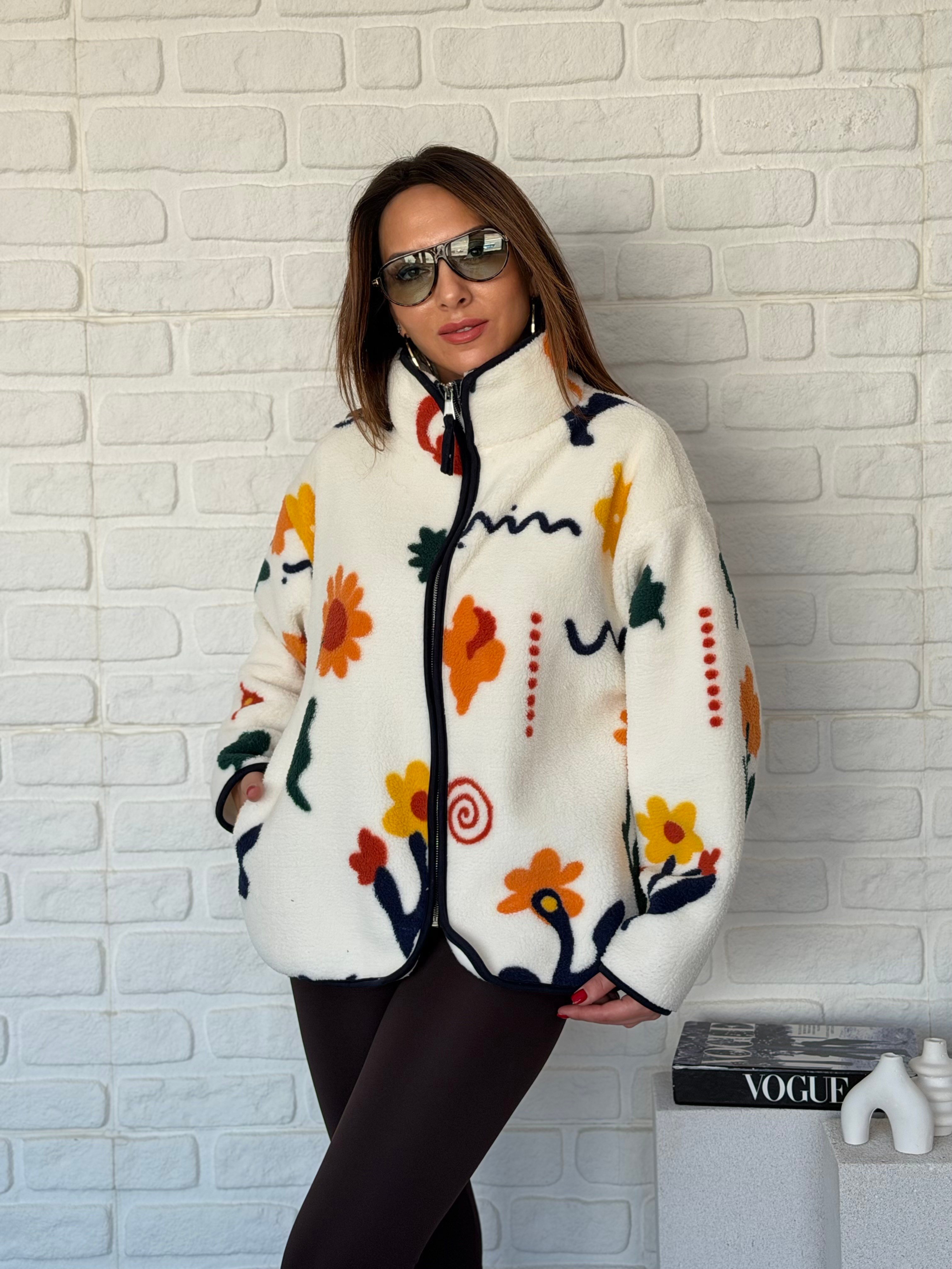 Ön Fermuarlı Çiçek Desen Peluş Ceket