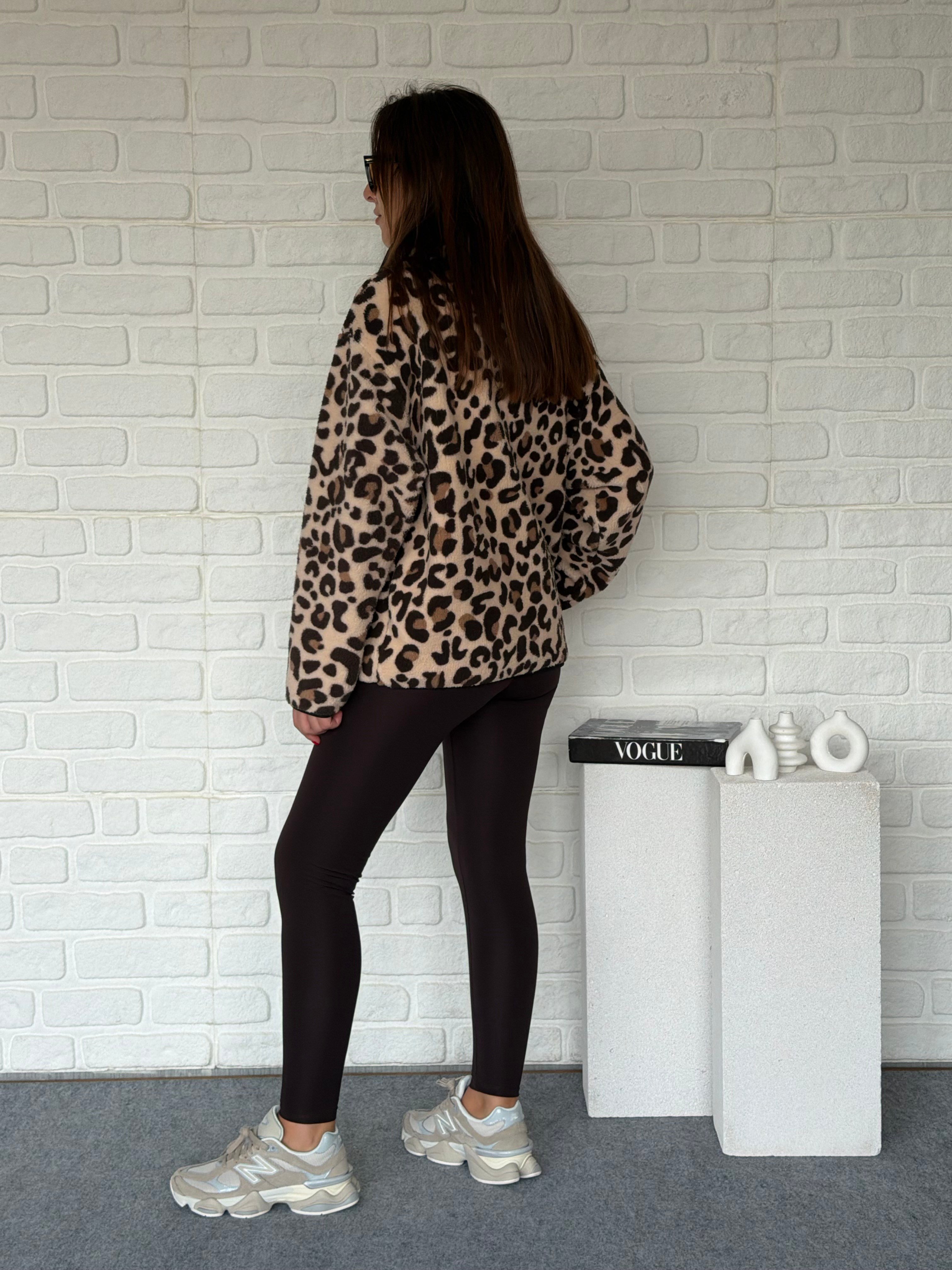 Ön Fermuarlı Leopar Peluş Sweatshirt