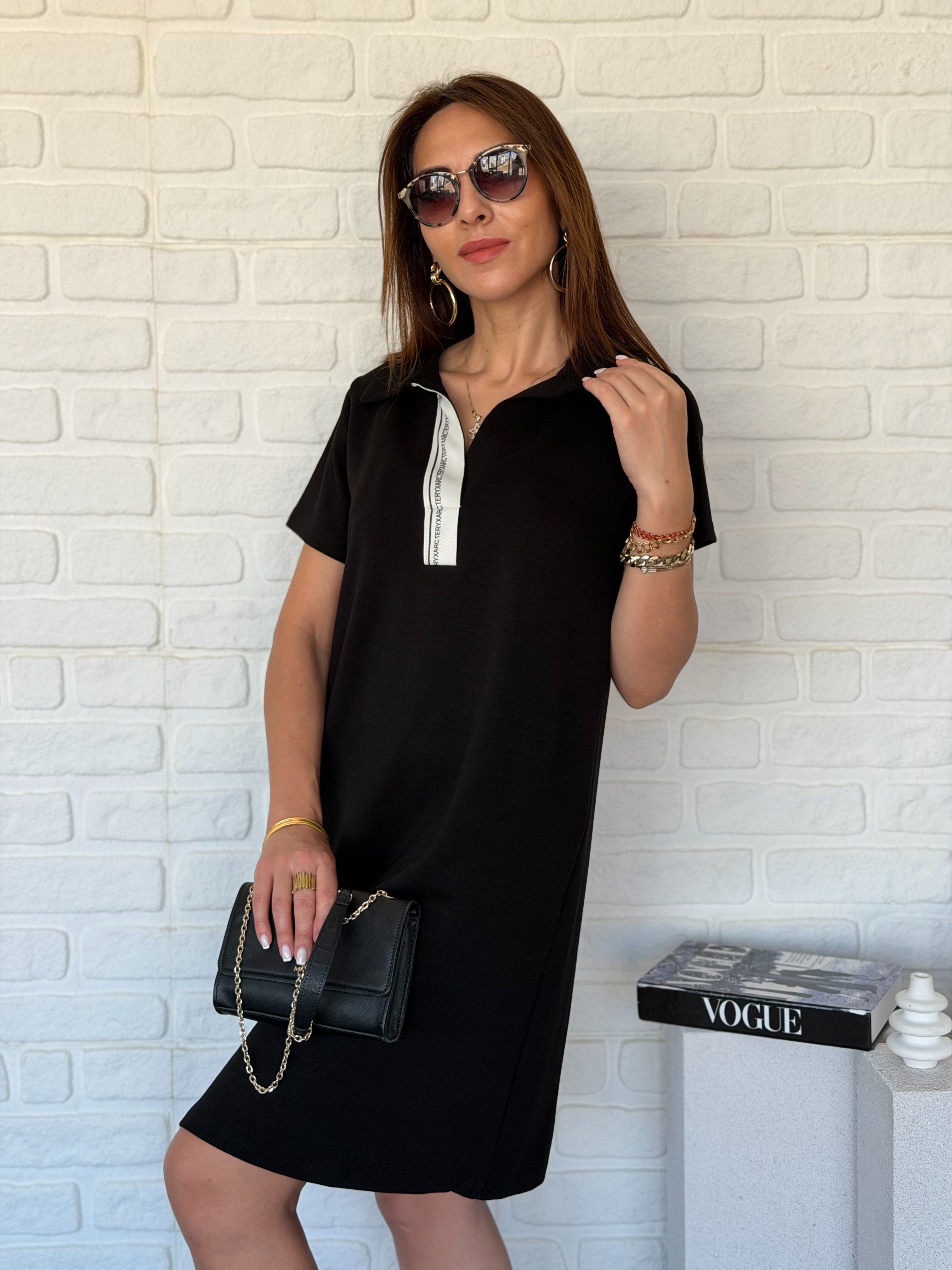 Polo Yaka Şeritli Modal Elbise 