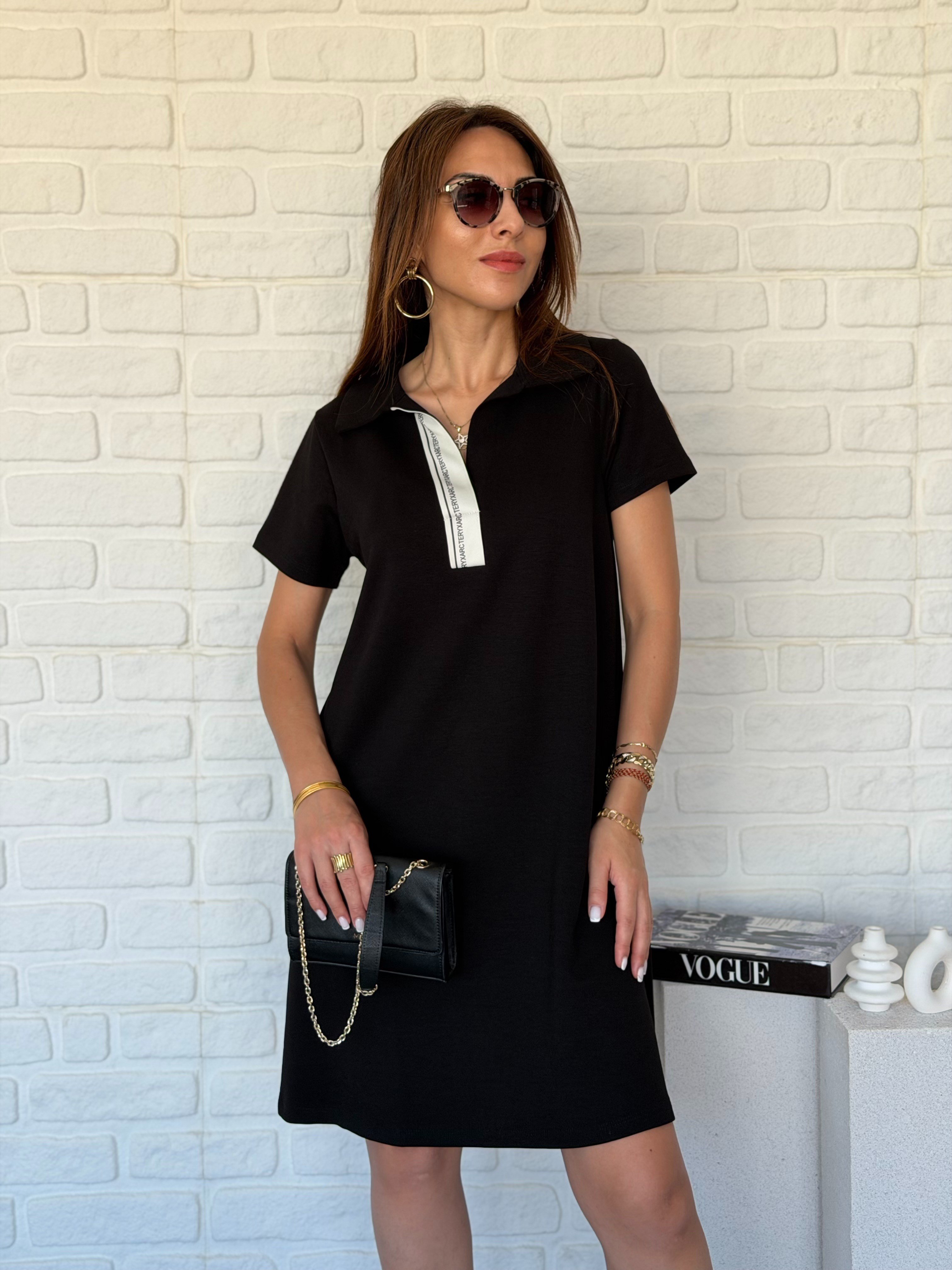Polo Yaka Şeritli Modal Elbise 
