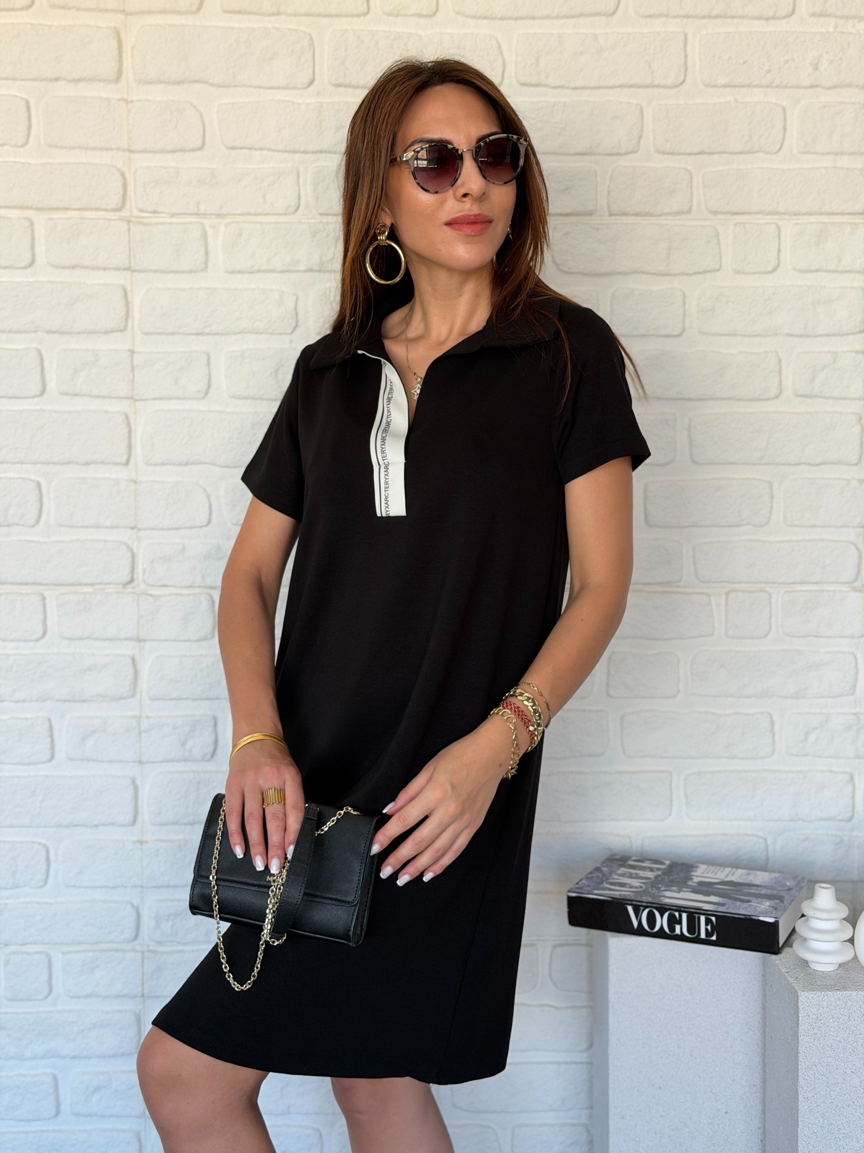 Polo Yaka Şeritli Modal Elbise 