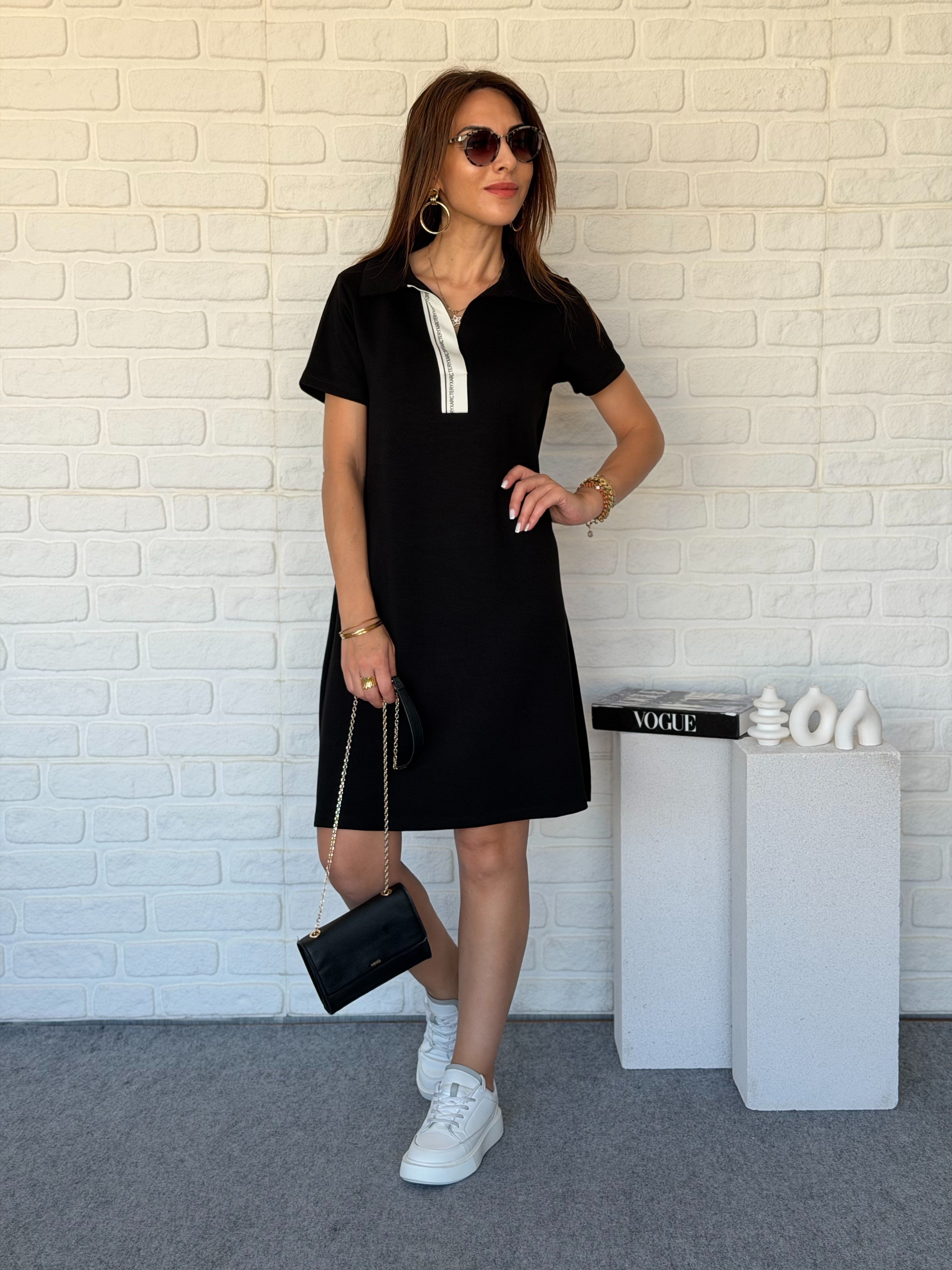 Polo Yaka Şeritli Modal Elbise 