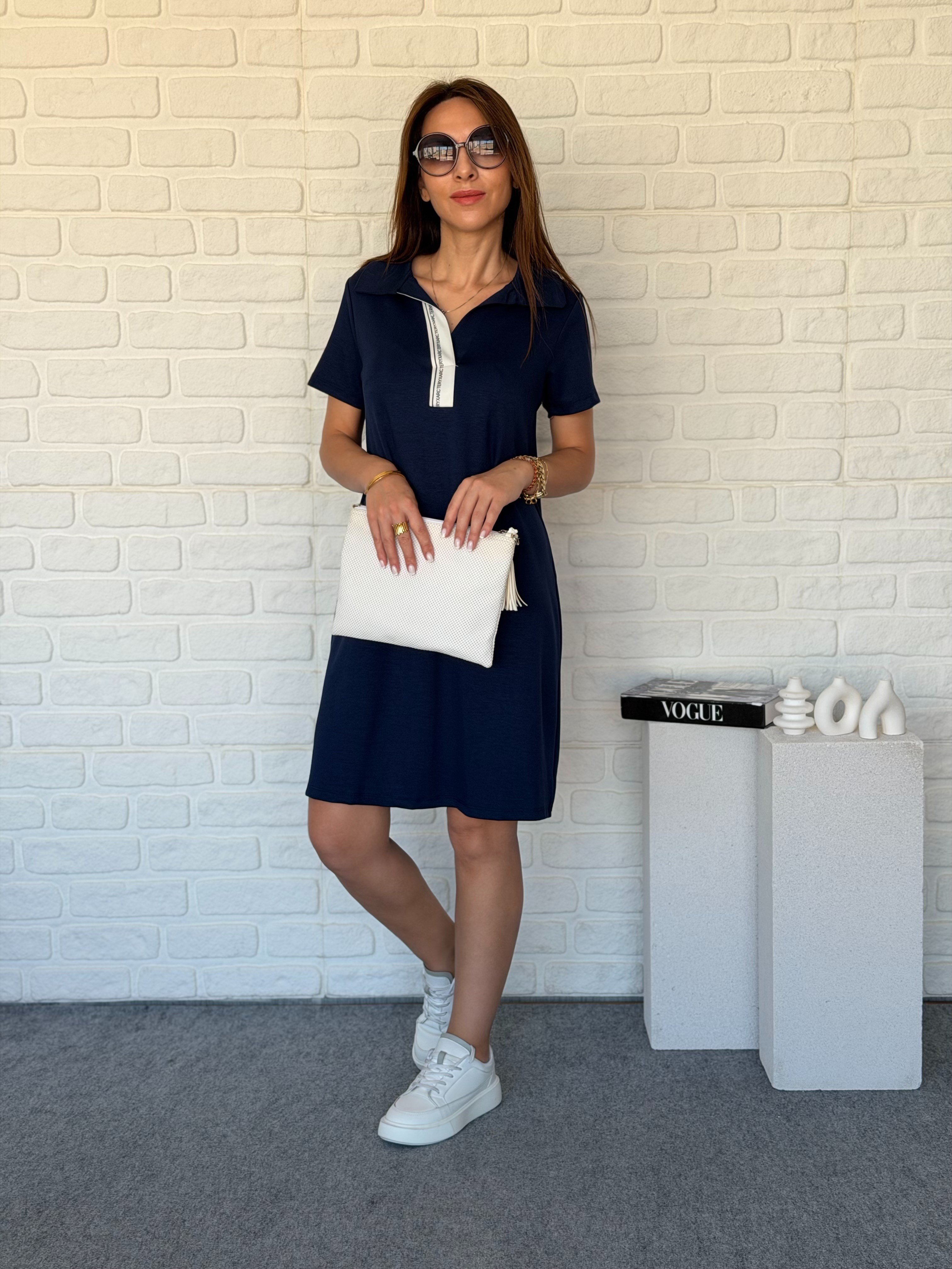 Polo Yaka Şeritli Modal Elbise