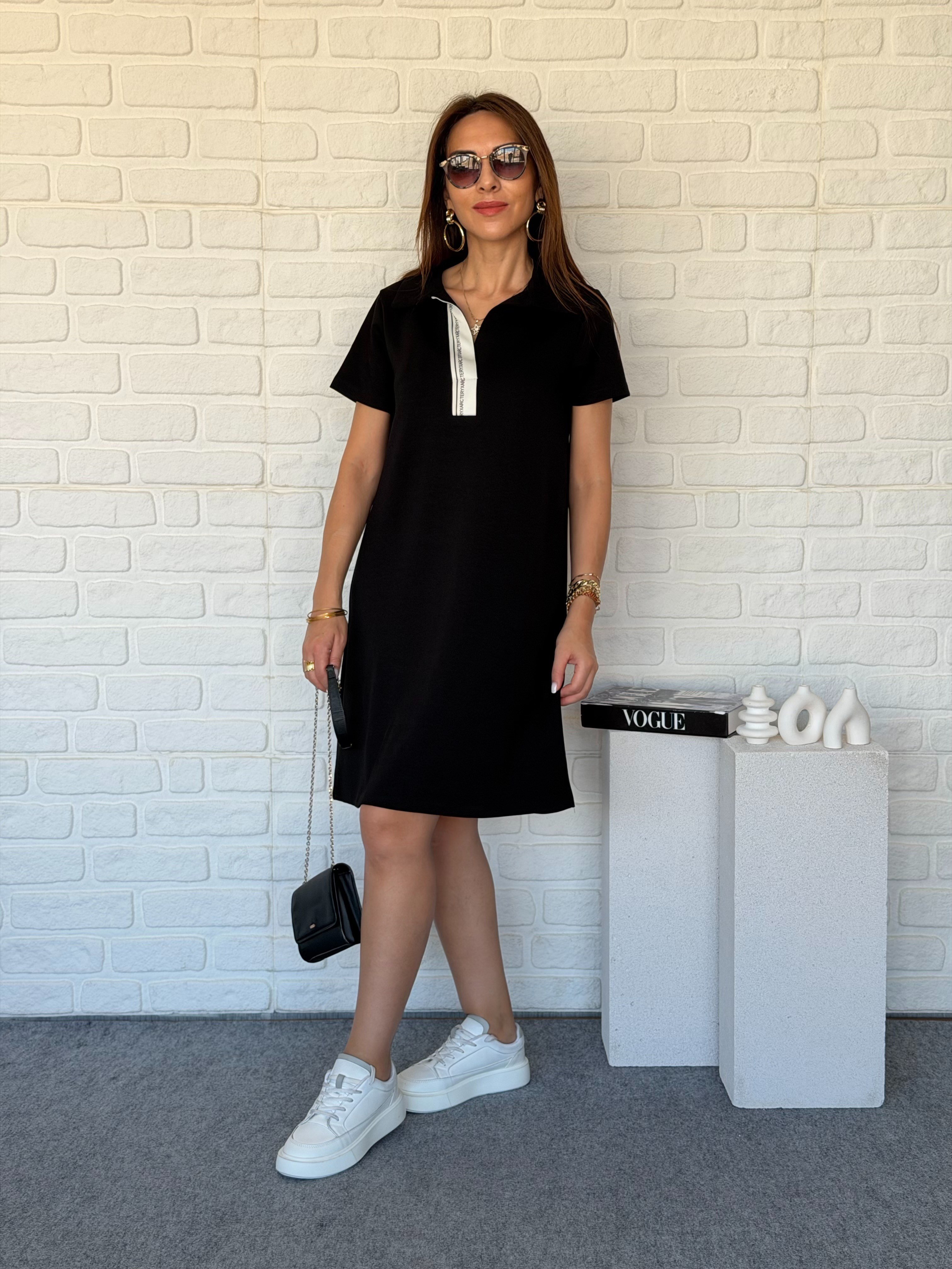 Polo Yaka Şeritli Modal Elbise 