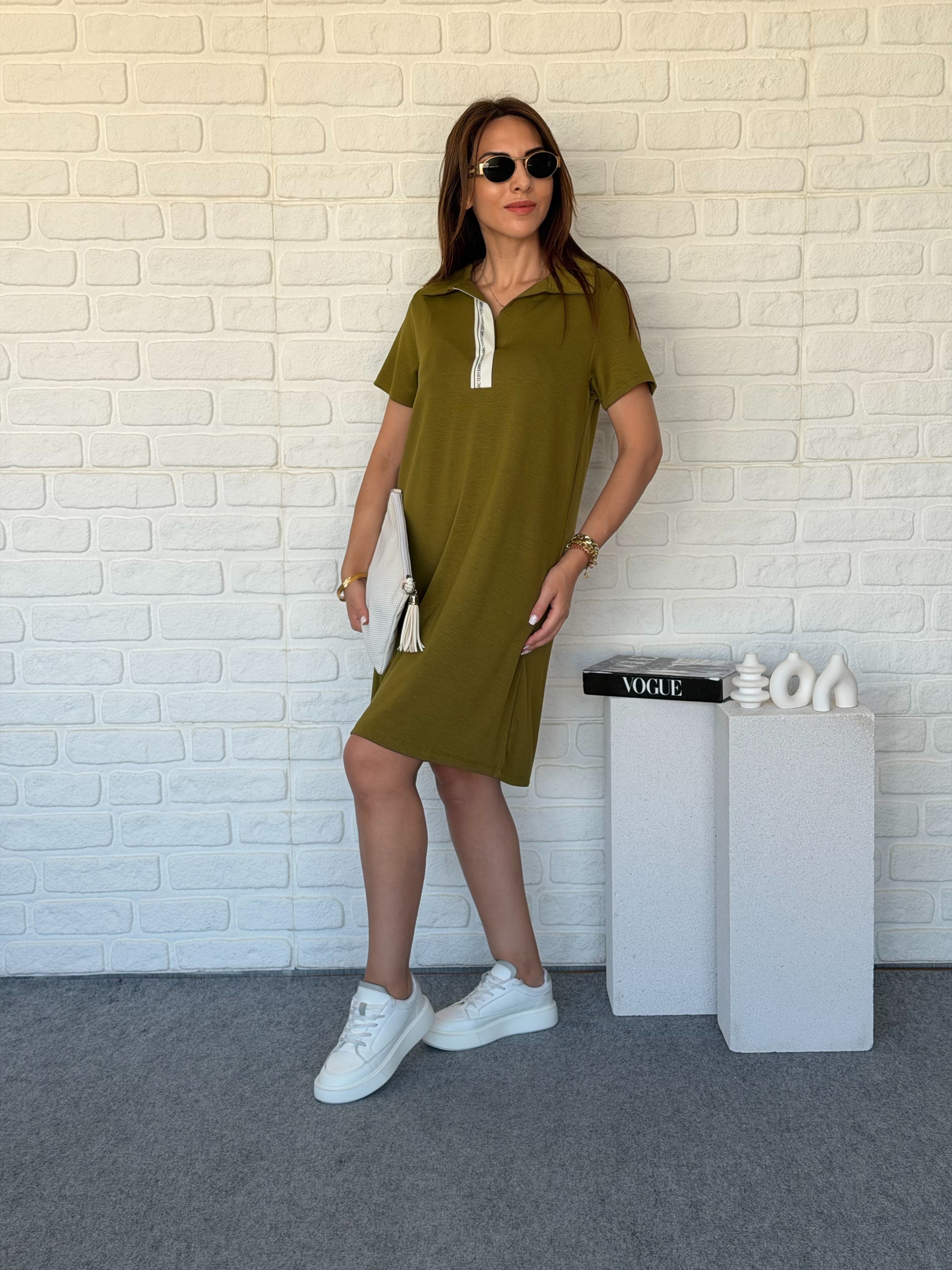 Polo Yaka Şeritli Modal Elbise