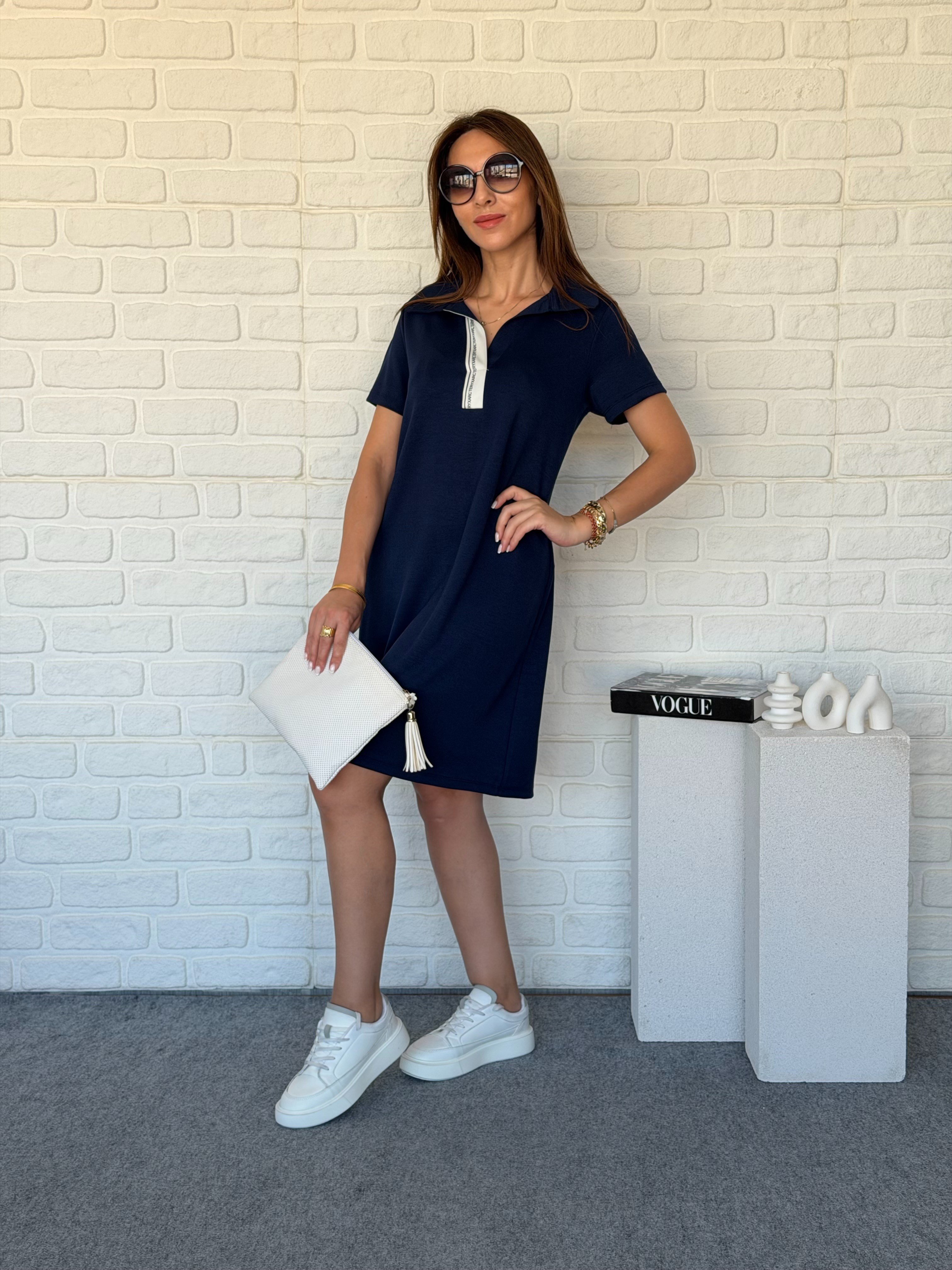 Polo Yaka Şeritli Modal Elbise