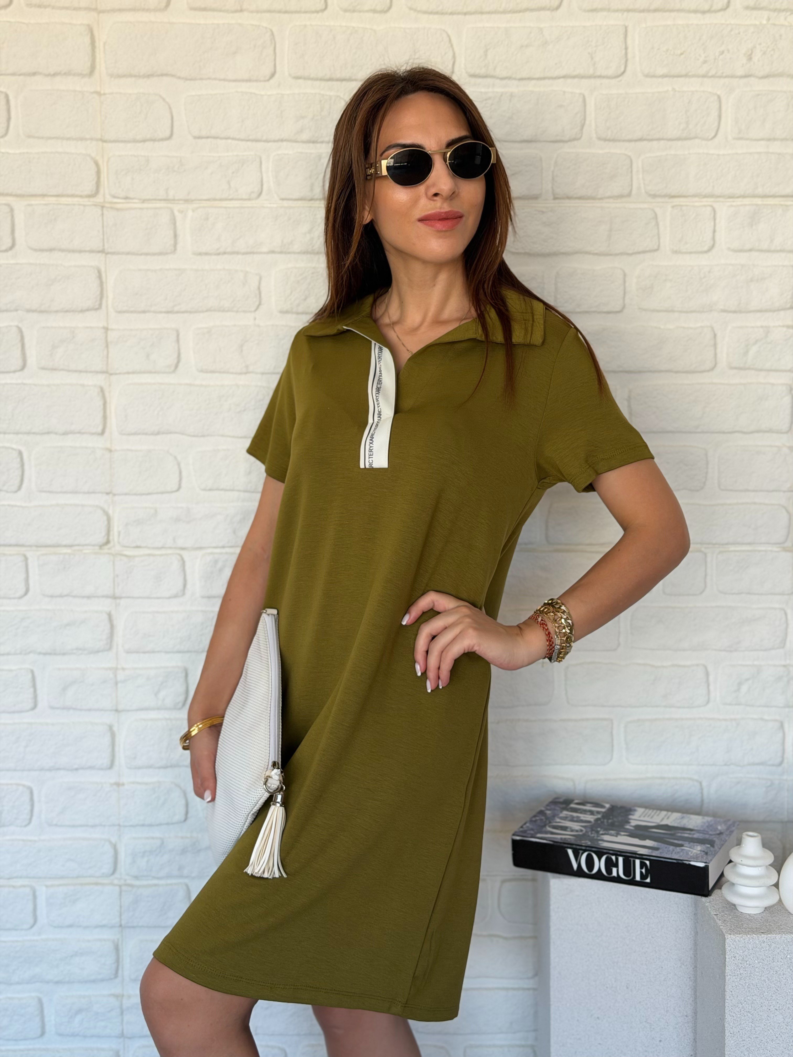 Polo Yaka Şeritli Modal Elbise