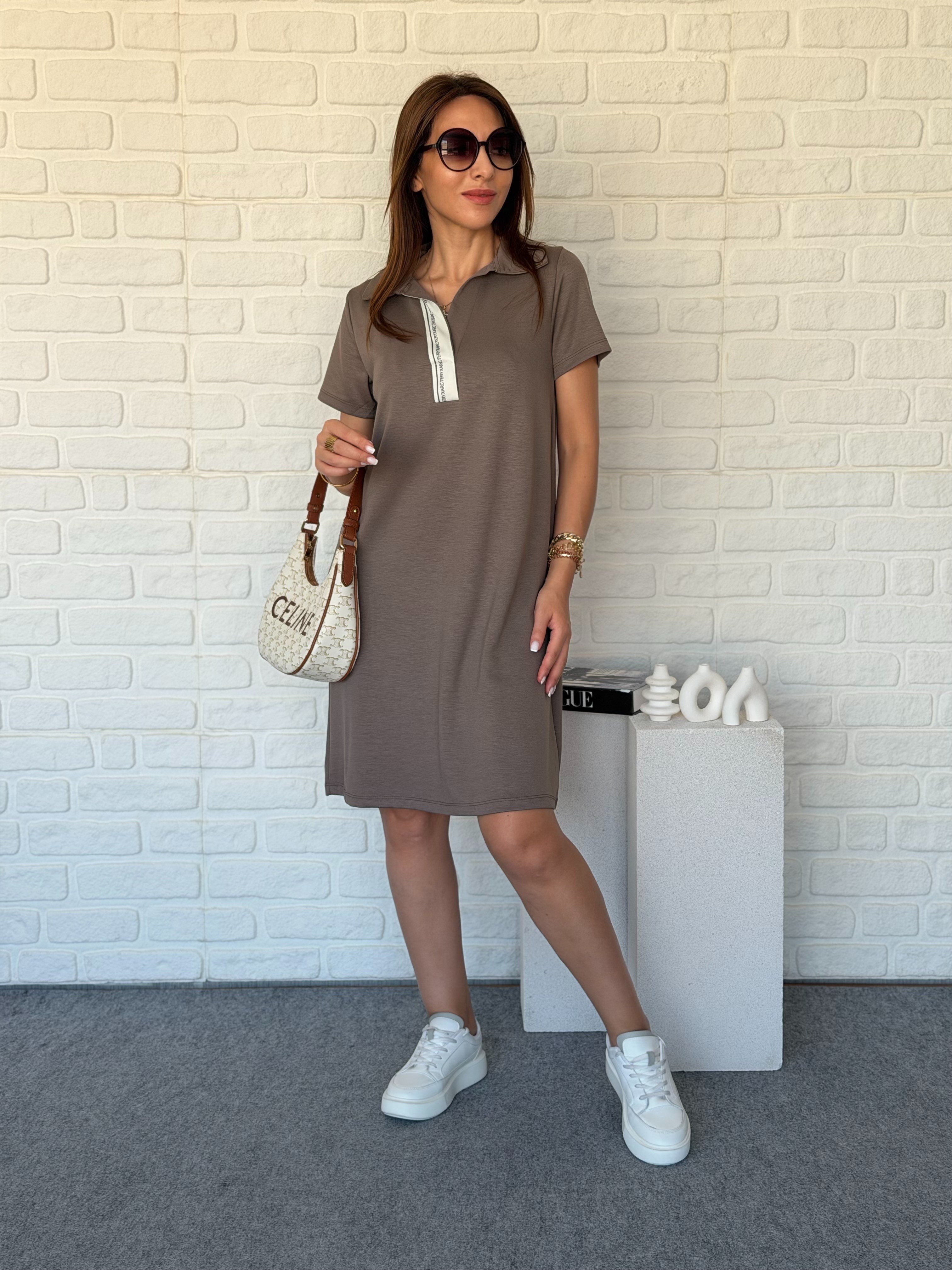 Polo Yaka Şeritli Modal Elbise
