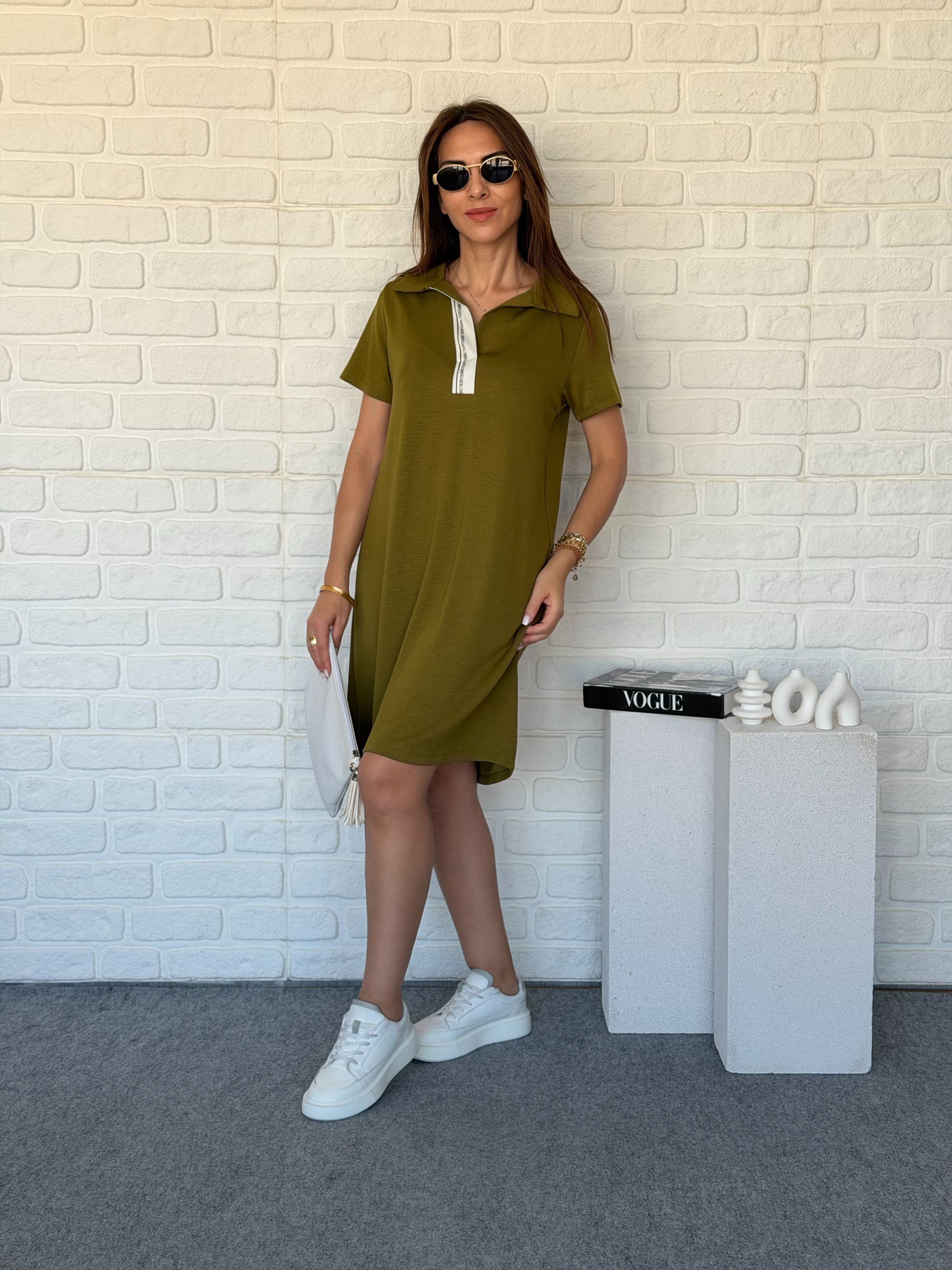 Polo Yaka Şeritli Modal Elbise